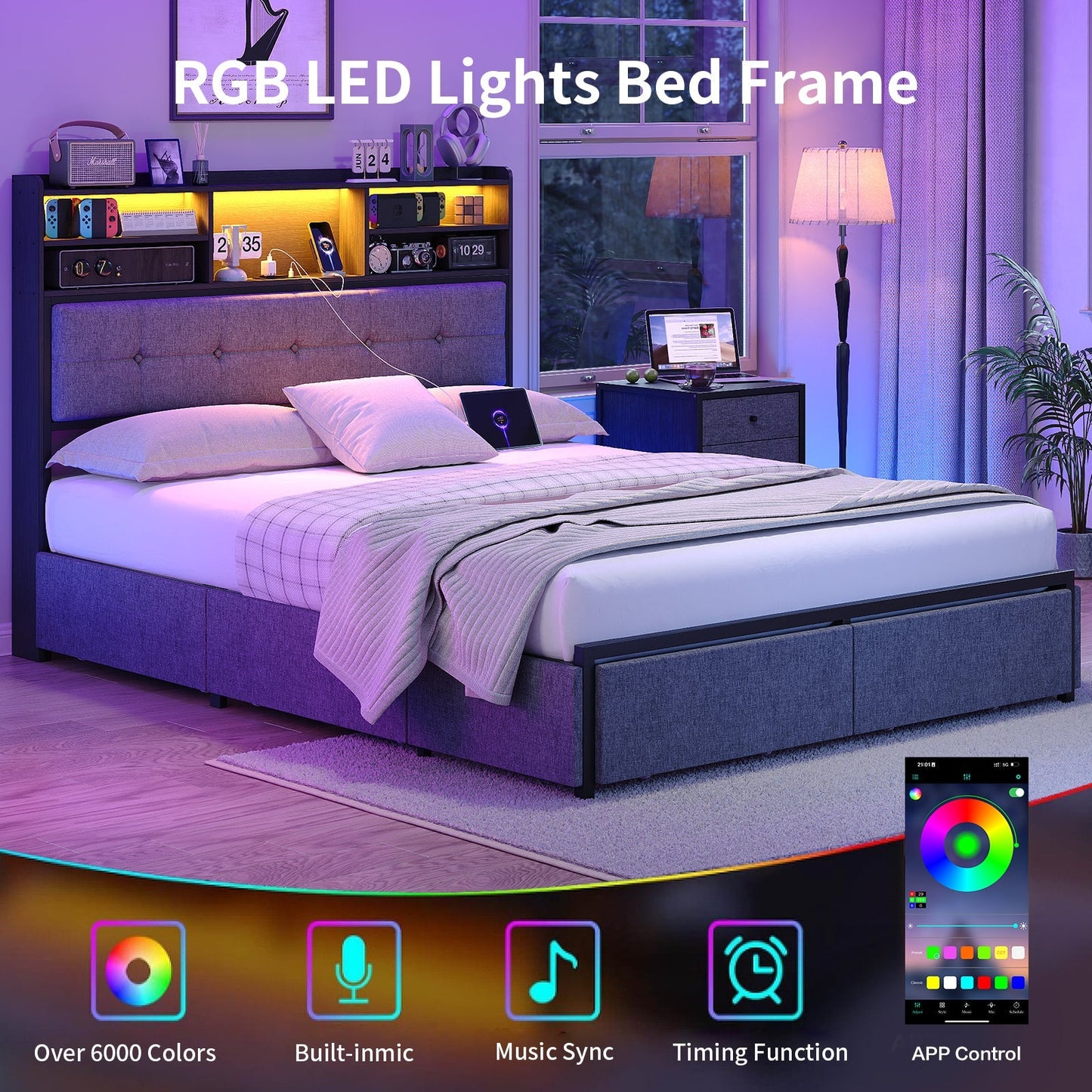 Full LED Bed Frame with LED, USB Charging, Storage Drawers, No Box Spring Needed - Vektaya