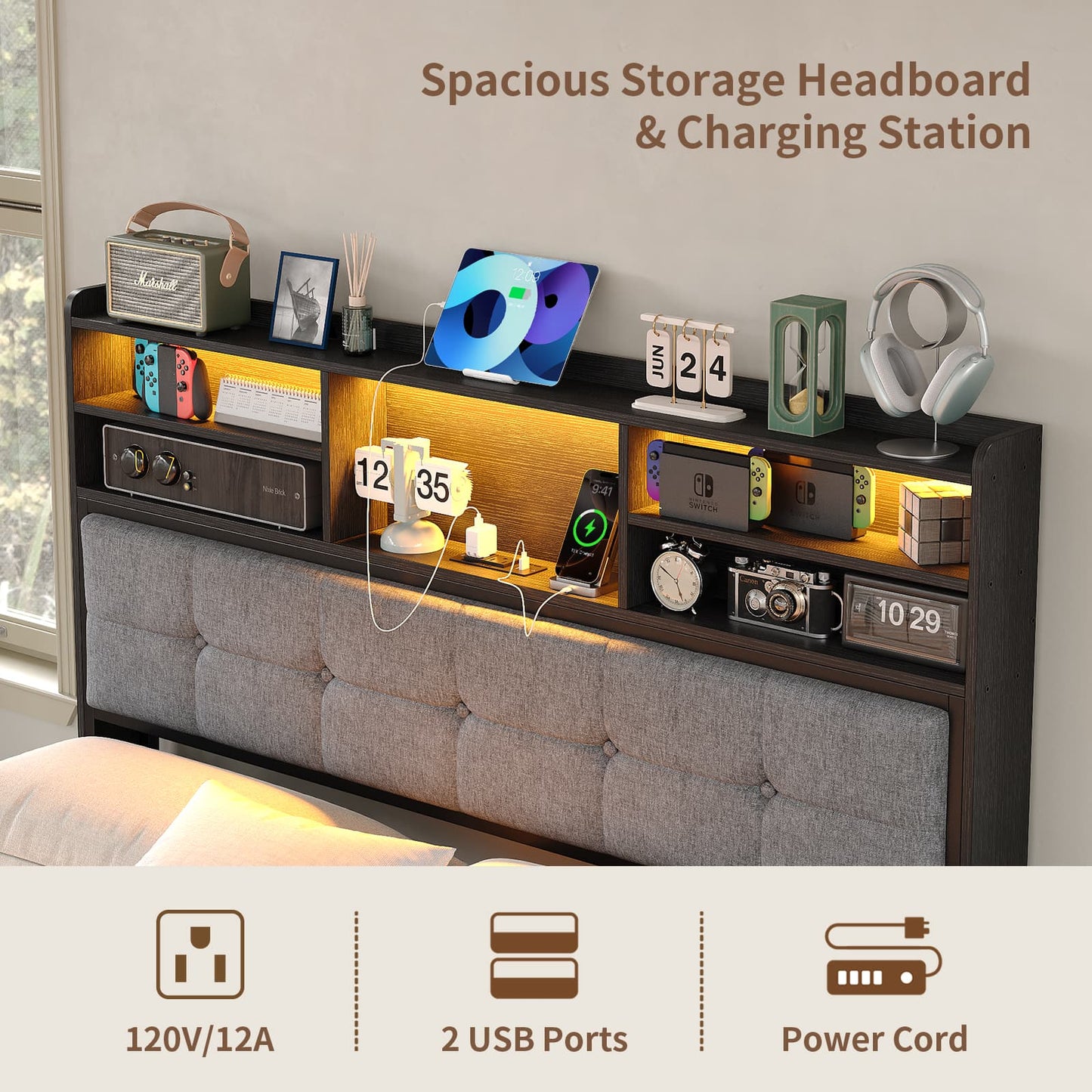 Full LED Bed Frame with LED, USB Charging, Storage Drawers, No Box Spring Needed - Vektaya