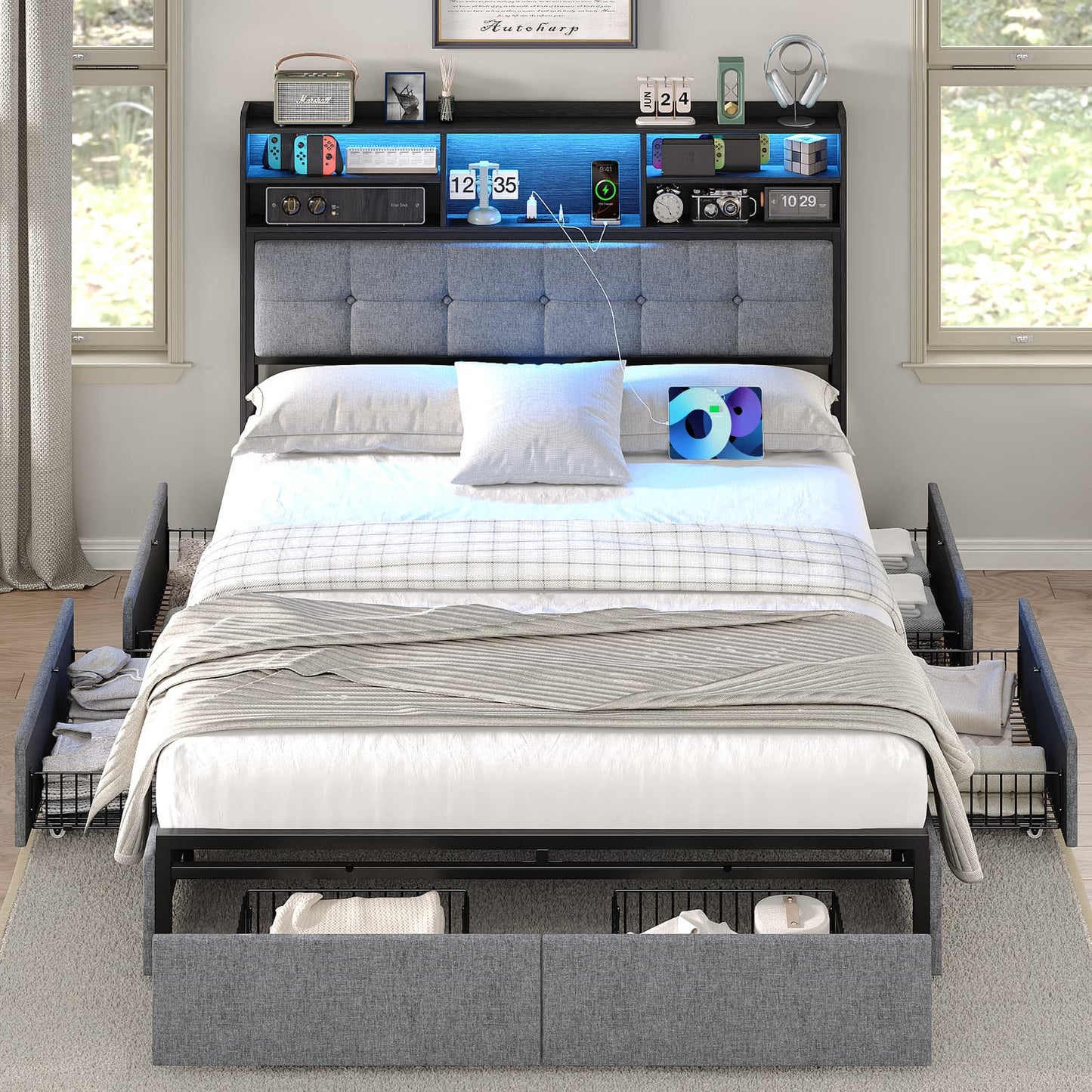 Full LED Bed Frame with LED, USB Charging, Storage Drawers, No Box Spring Needed - Vektaya