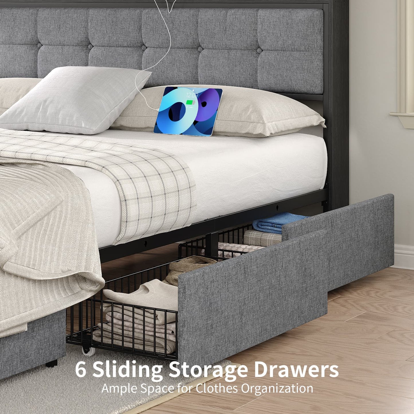 Full LED Bed Frame with LED, USB Charging, Storage Drawers, No Box Spring Needed - Vektaya