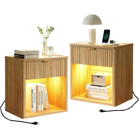 Fluted LED Nightstand with Charging Station, Drawer Side Tables, Oak -YANOSAKU