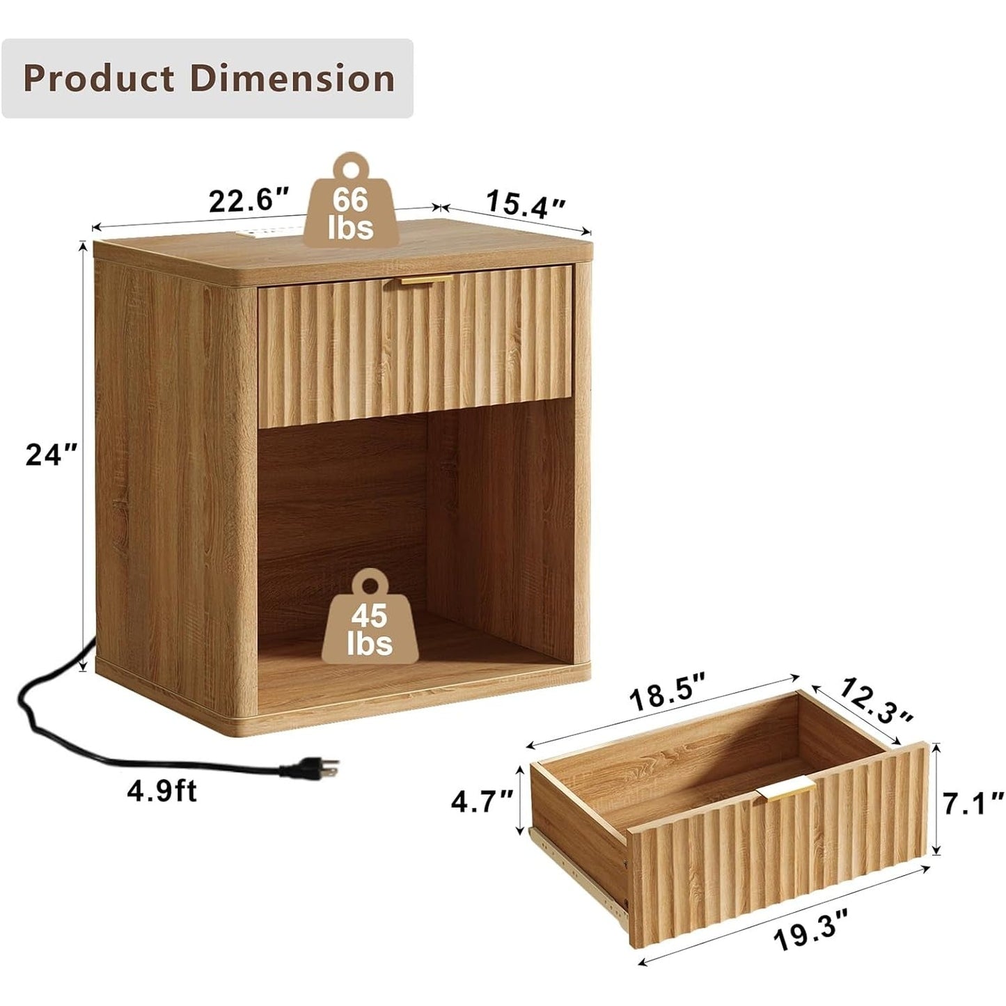 Fluted LED Nightstand with Charging Station, Drawer Side Tables, Oak -YANOSAKU