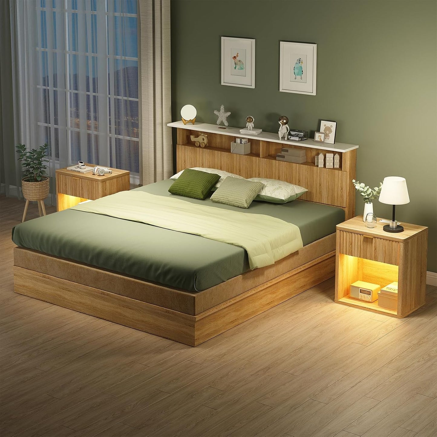 Fluted LED Nightstand with Charging Station, Drawer Side Tables, Oak -YANOSAKU