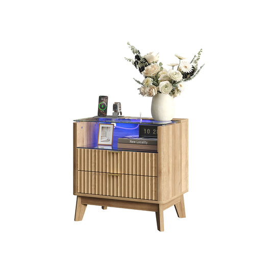 23" Fluted LED Nightstand with Charging Station, Drawers, Oak - Yanosaku