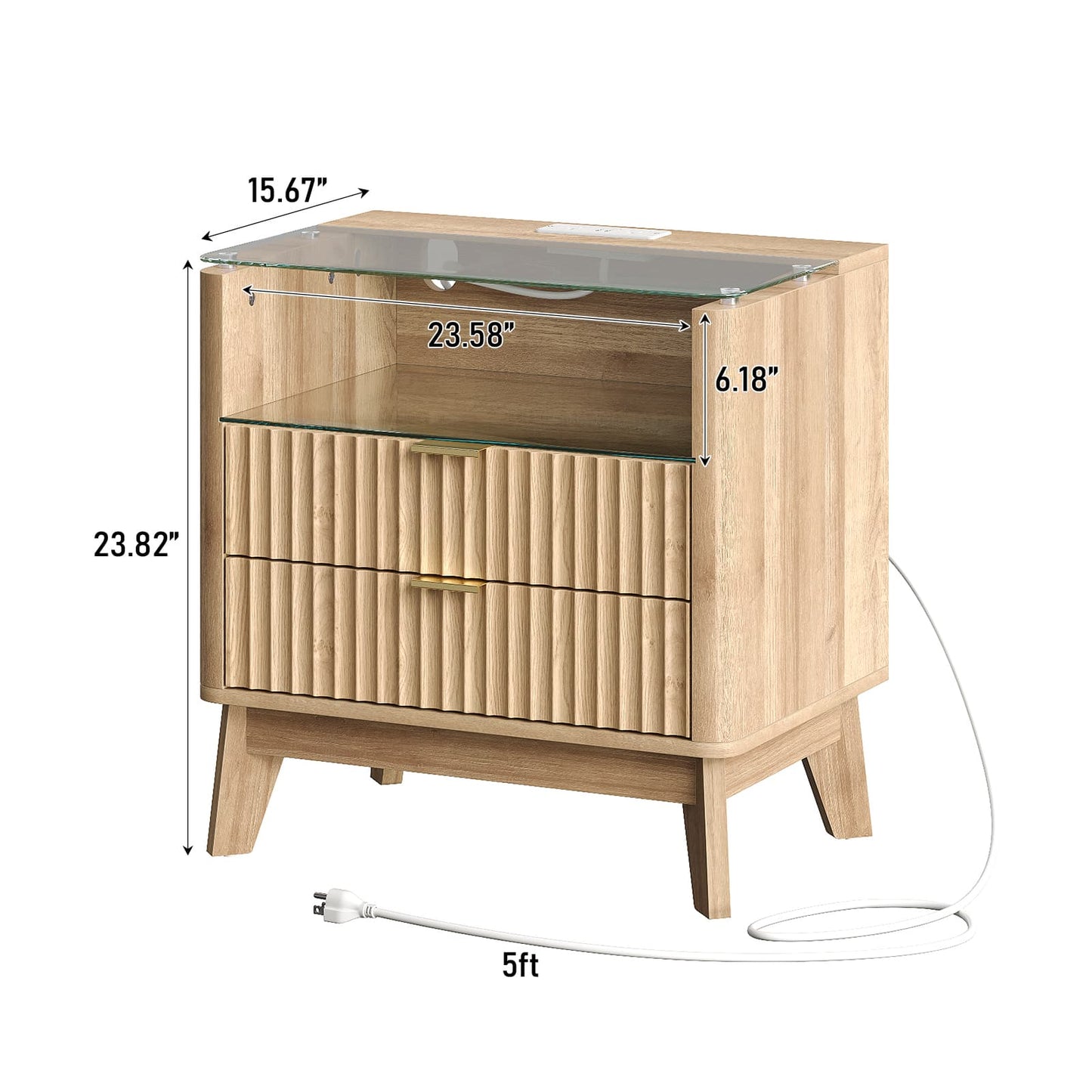 23" Fluted LED Nightstand with Charging Station, Drawers, Oak - Yanosaku