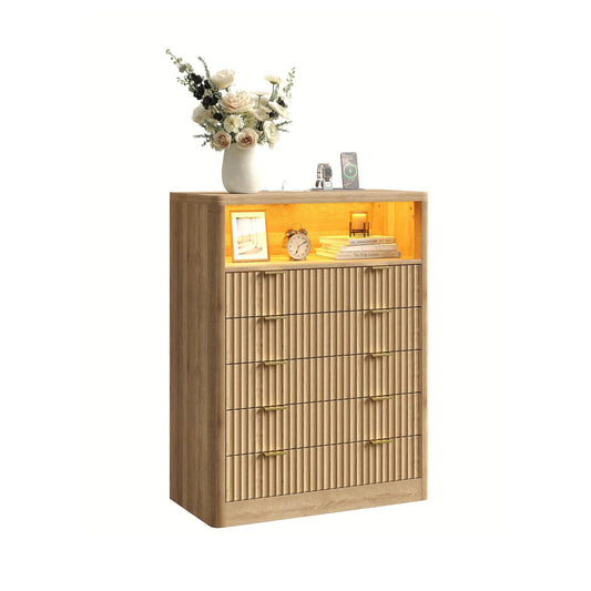 Fluted LED Nightstand with Charging Station, 5-Drawer, Oak - Yanosaku