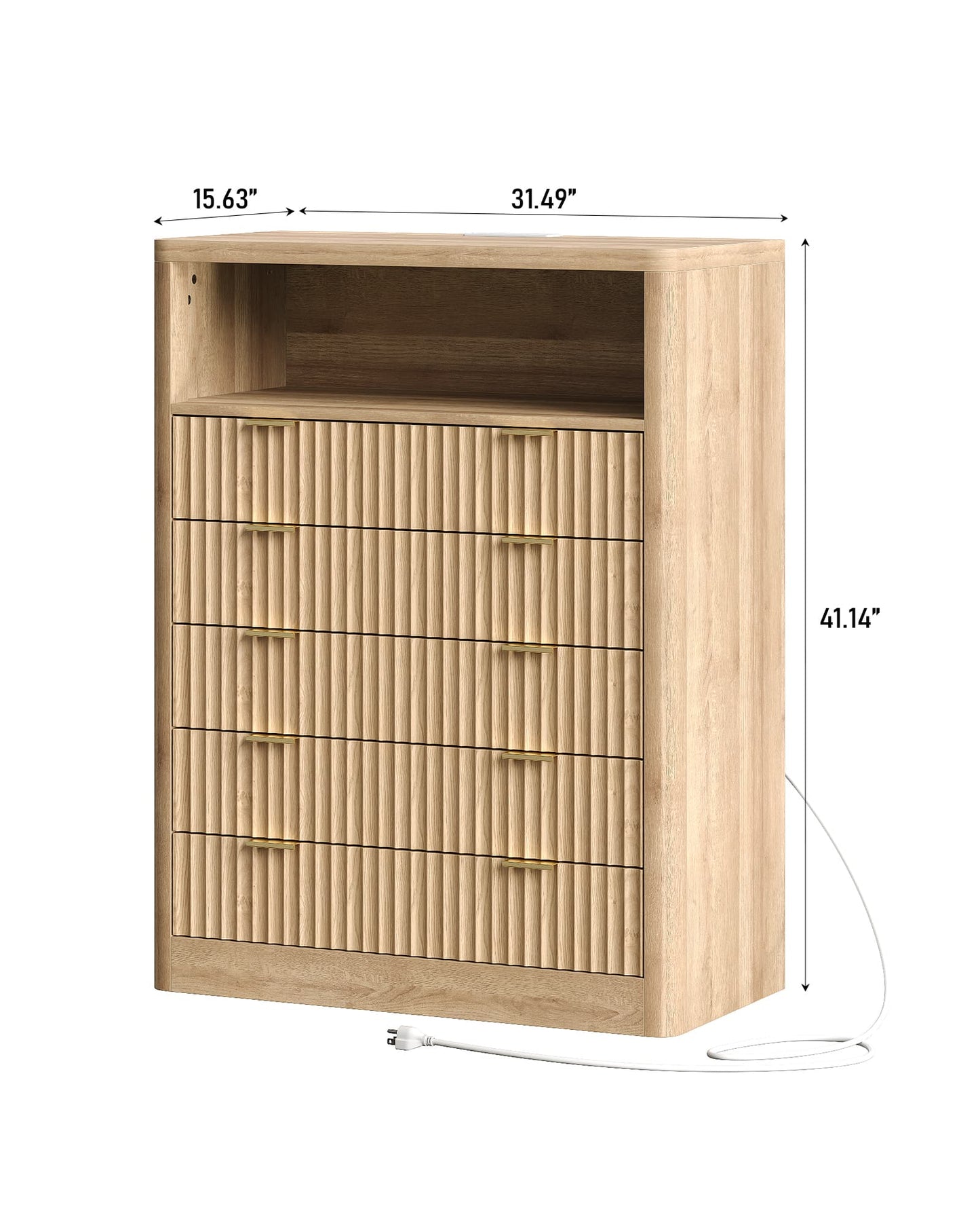 Fluted LED Nightstand with Charging Station, 5-Drawer, Oak - Yanosaku