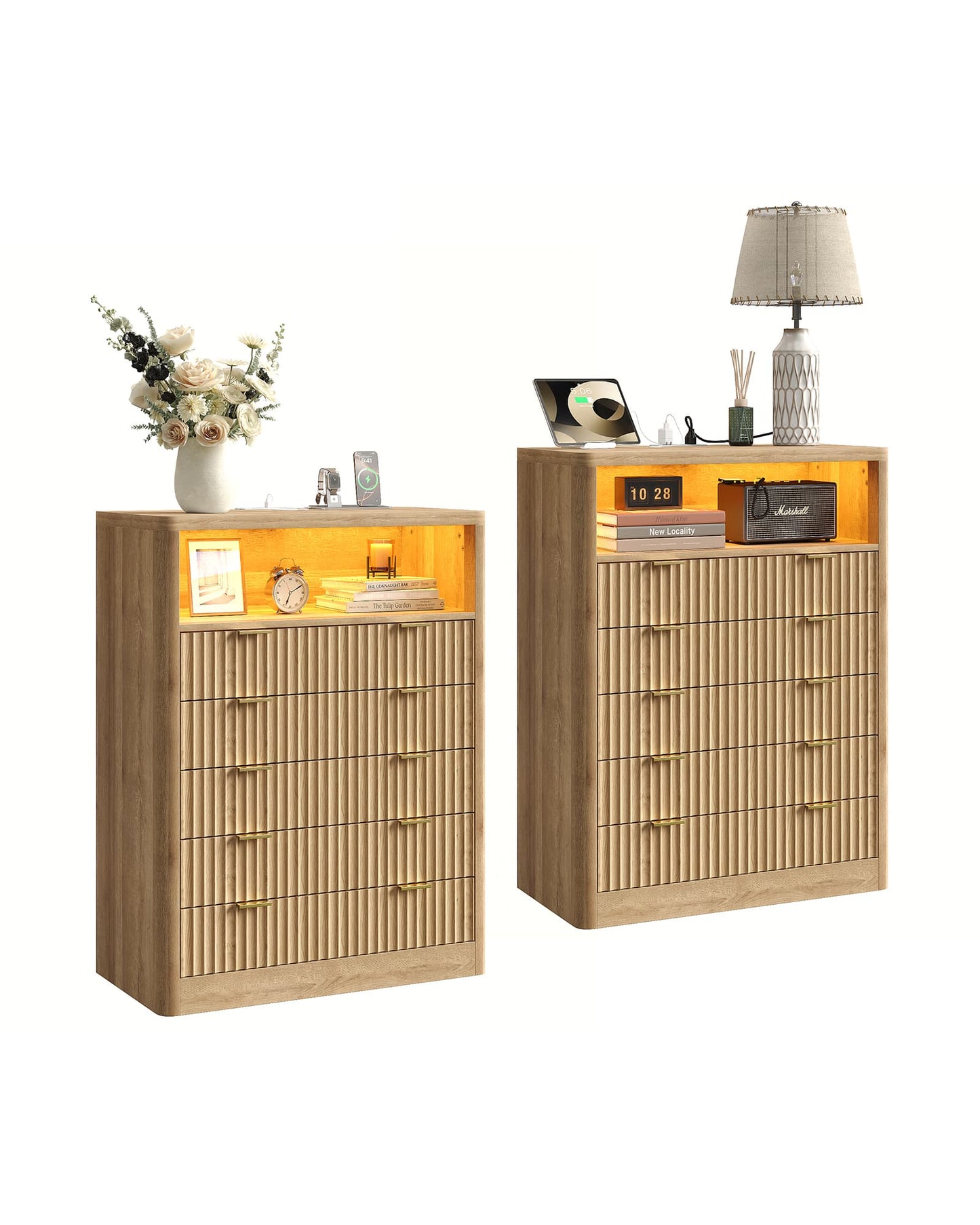 Fluted LED Nightstand with Charging Station, 5-Drawer, Oak - Yanosaku