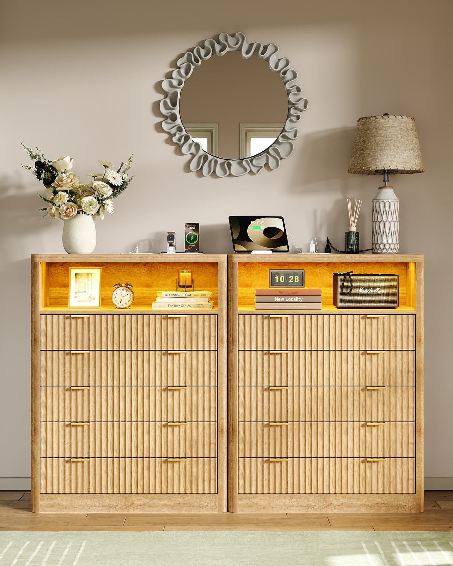 Fluted LED Nightstand with Charging Station, 5-Drawer, Oak - Yanosaku