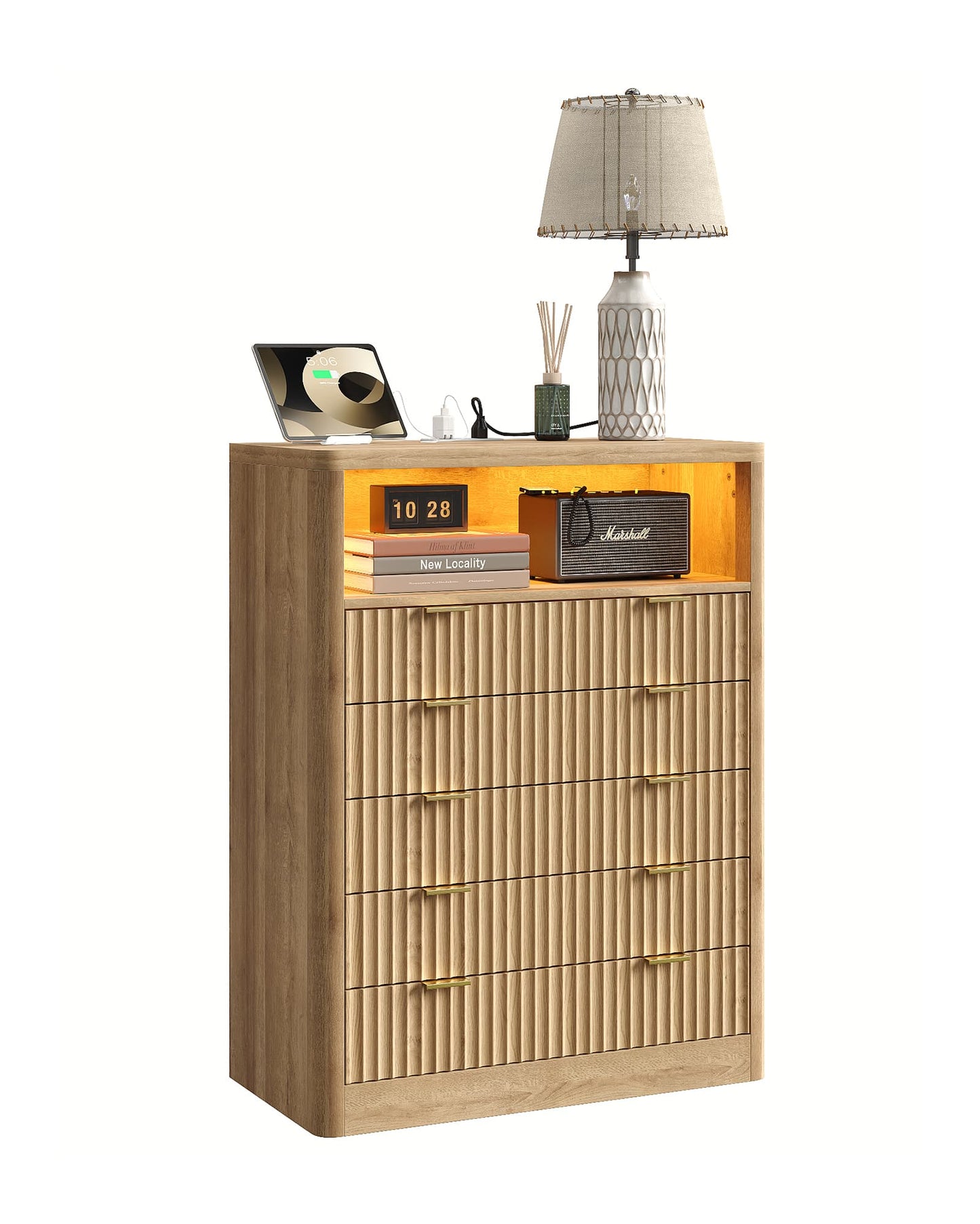 Fluted LED Nightstand with Charging Station, 5-Drawer, Oak - Yanosaku