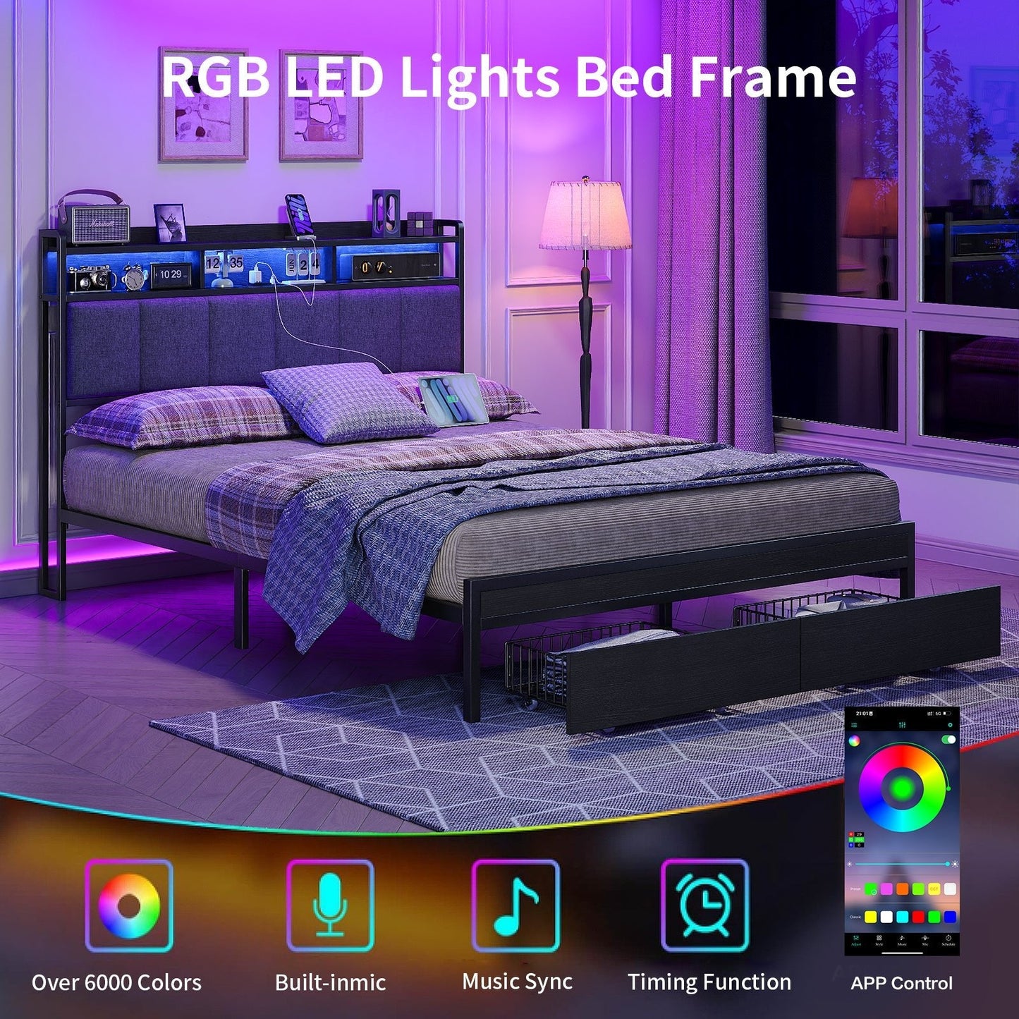 Full RGB LED Bed Frame with RGB LED, USB Charging, Storage Drawers, No Box Spring Needed Black - Vektaya