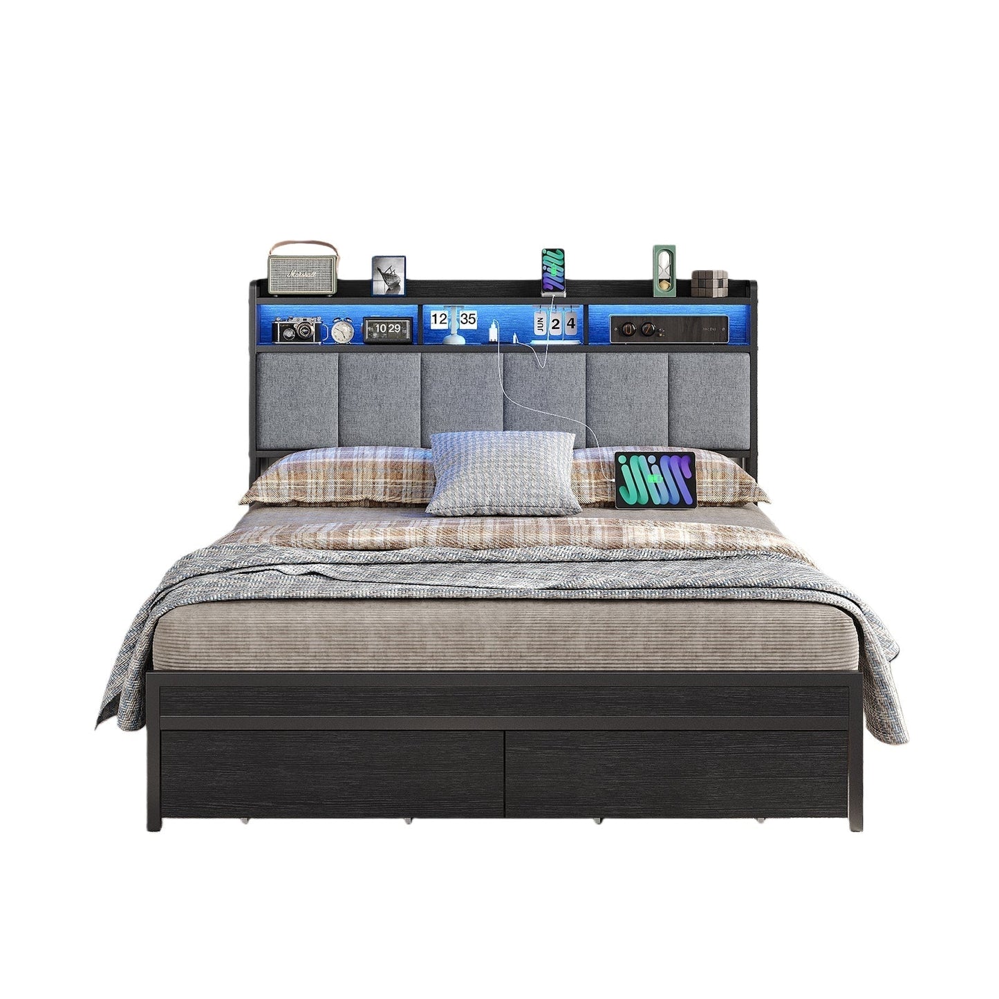 Full RGB LED Bed Frame with RGB LED, USB Charging, Storage Drawers, No Box Spring Needed Black - Vektaya