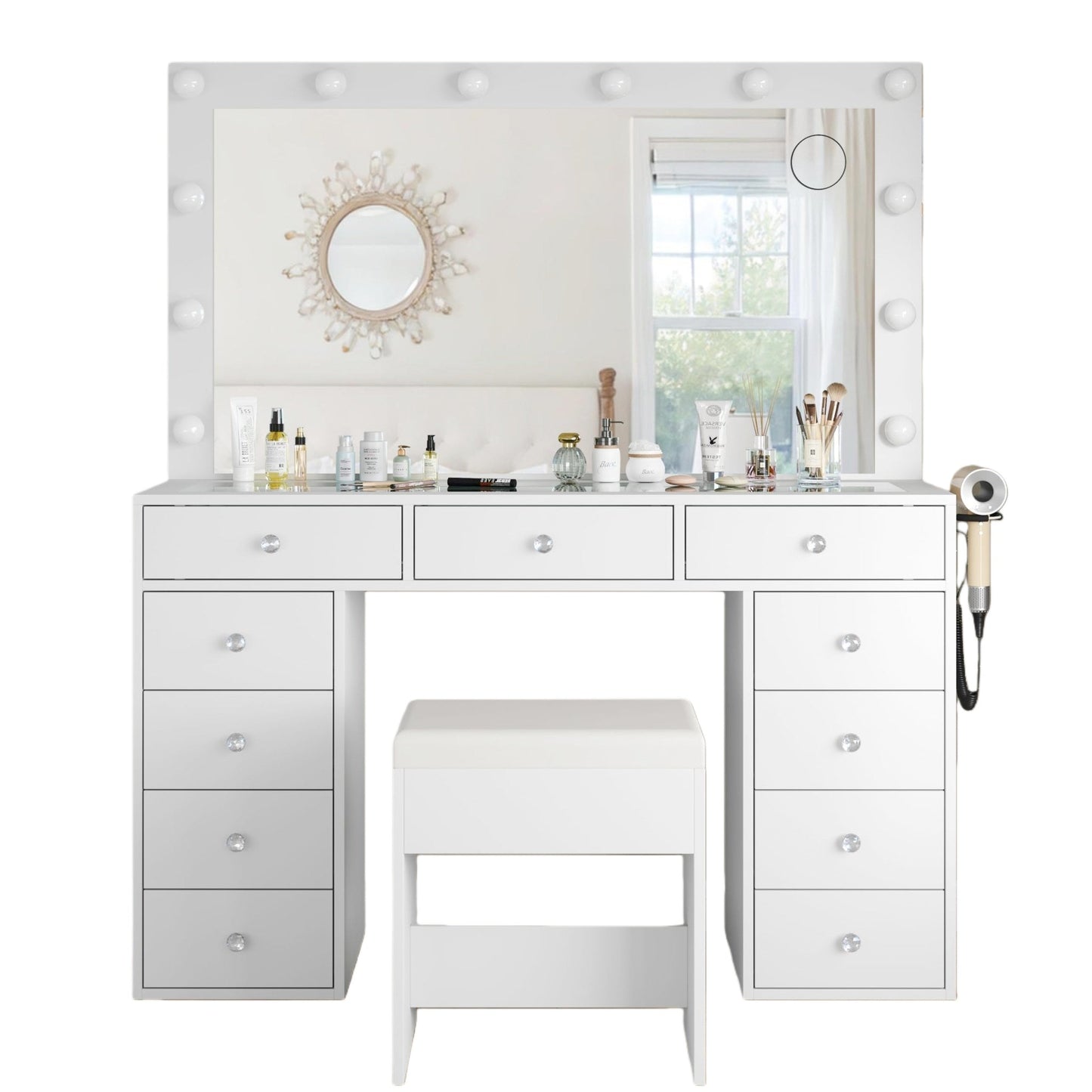 11-Drawer LED Mirror Vanity Desk - Yanosaku