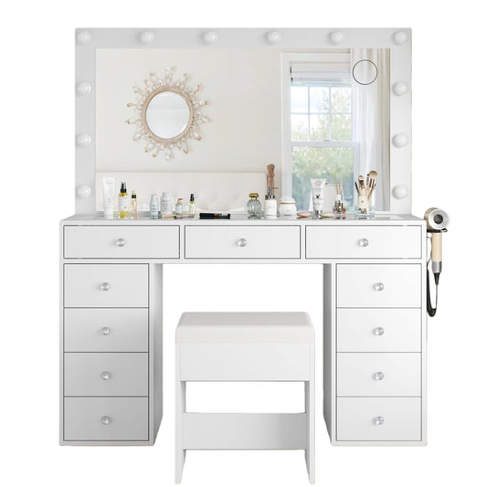 11-Drawer LED Mirror Vanity Desk - Yanosaku