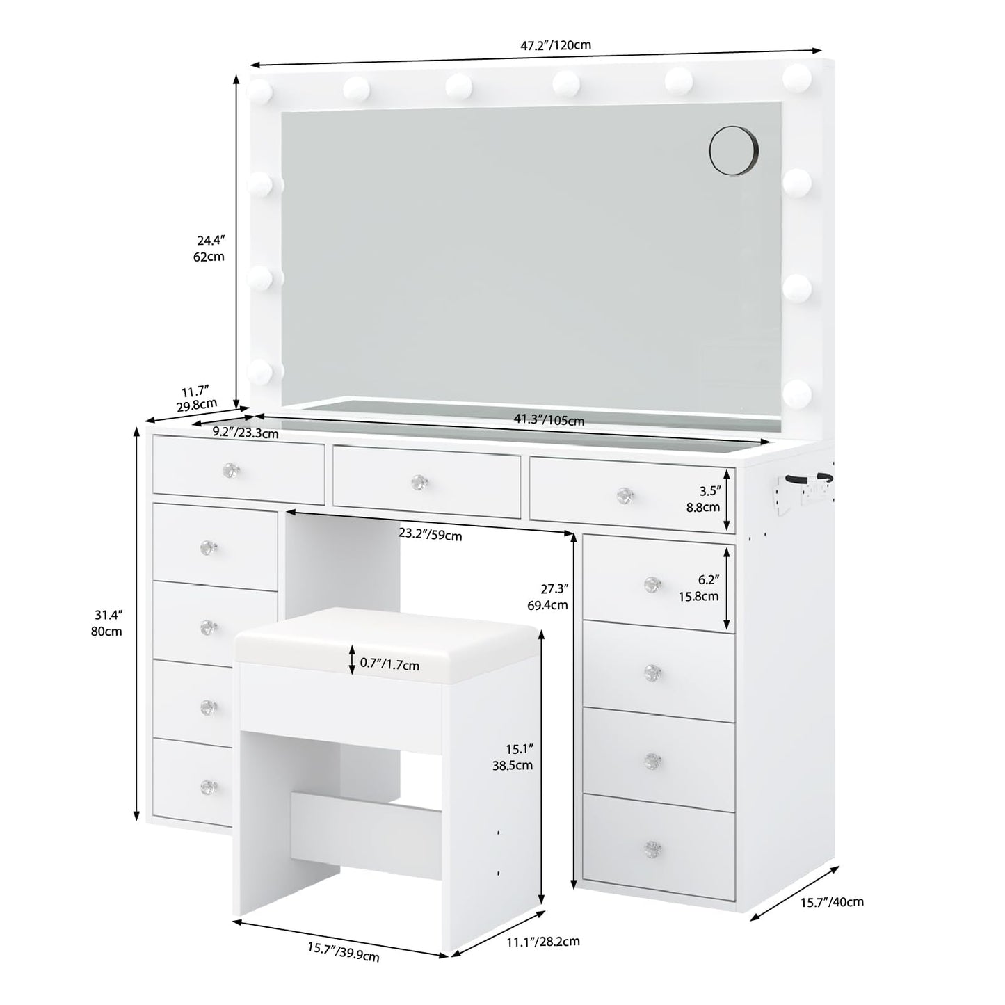 11-Drawer LED Mirror Vanity Desk - Yanosaku