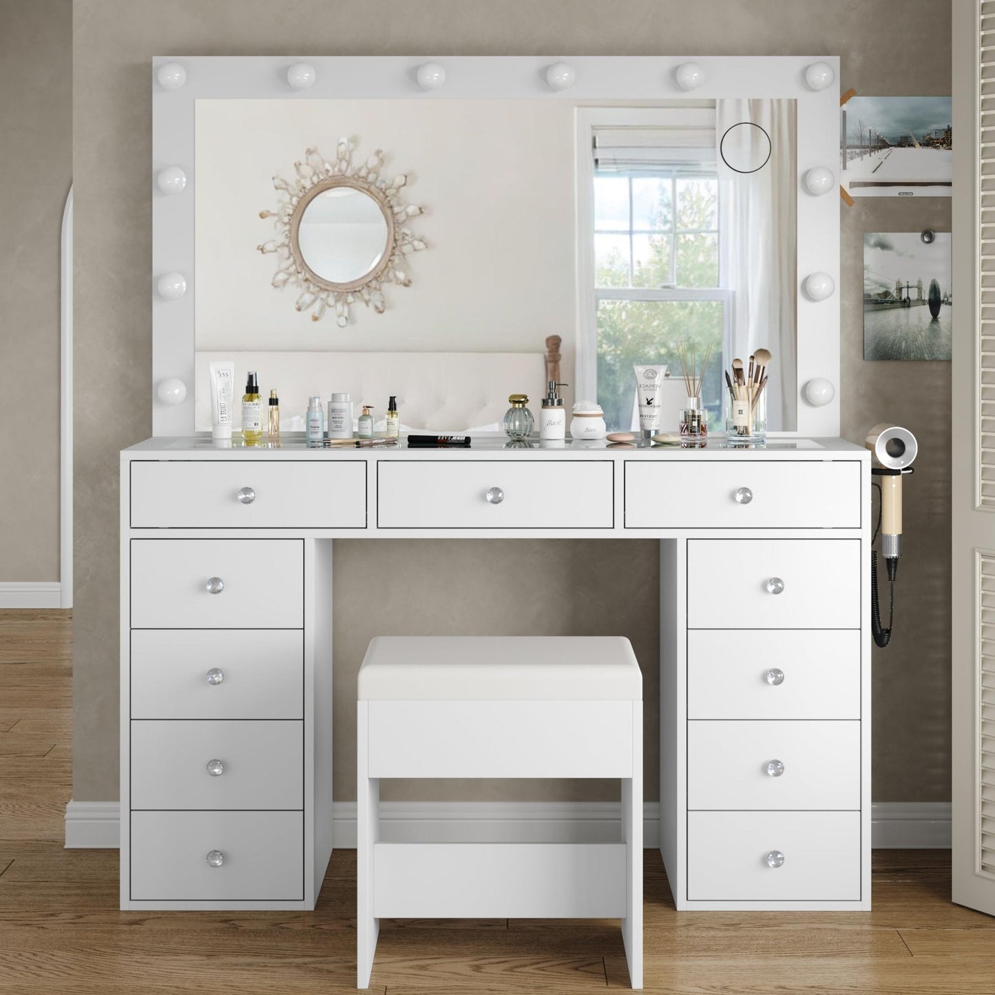 11-Drawer LED Mirror Vanity Desk - Yanosaku