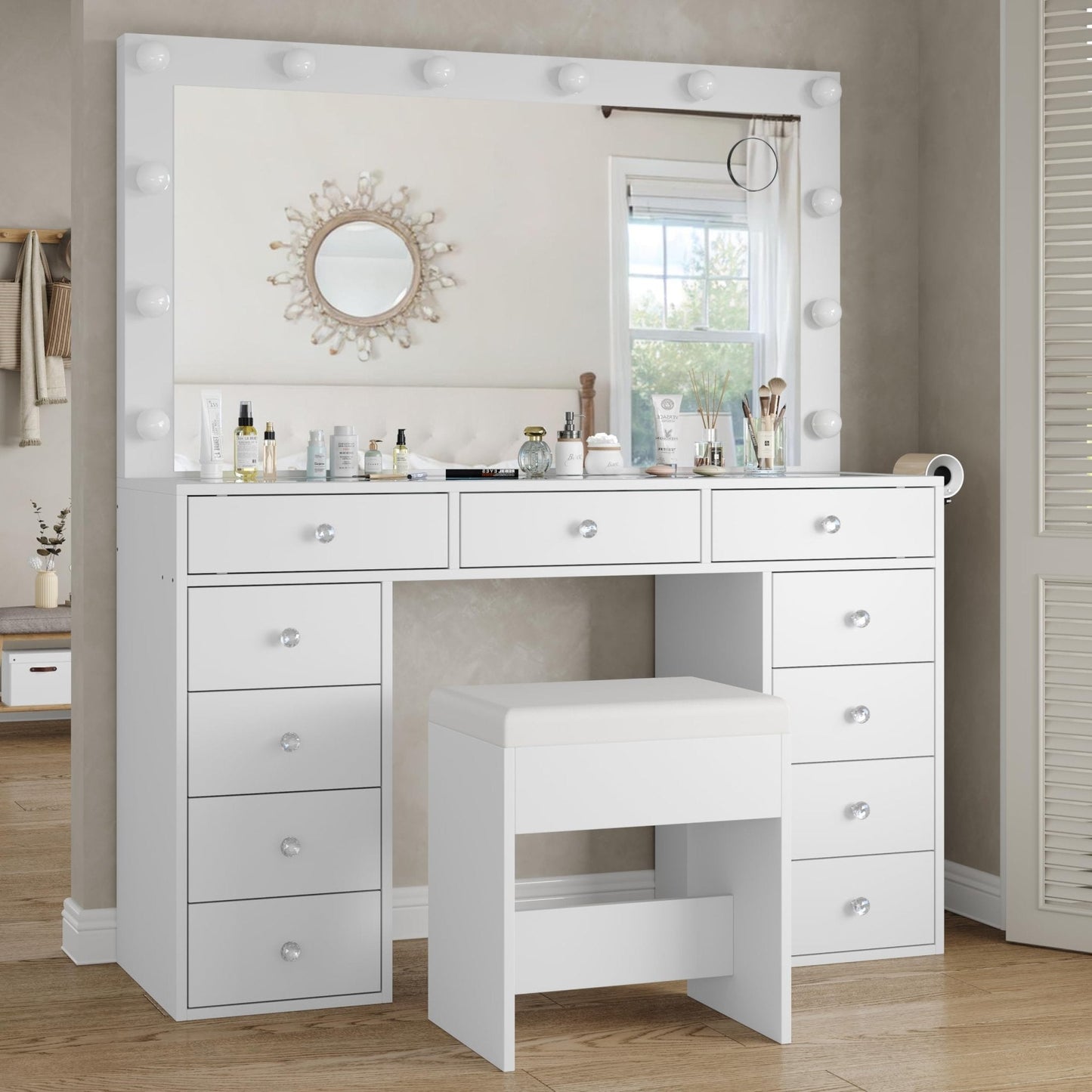 11-Drawer LED Mirror Vanity Desk - Yanosaku