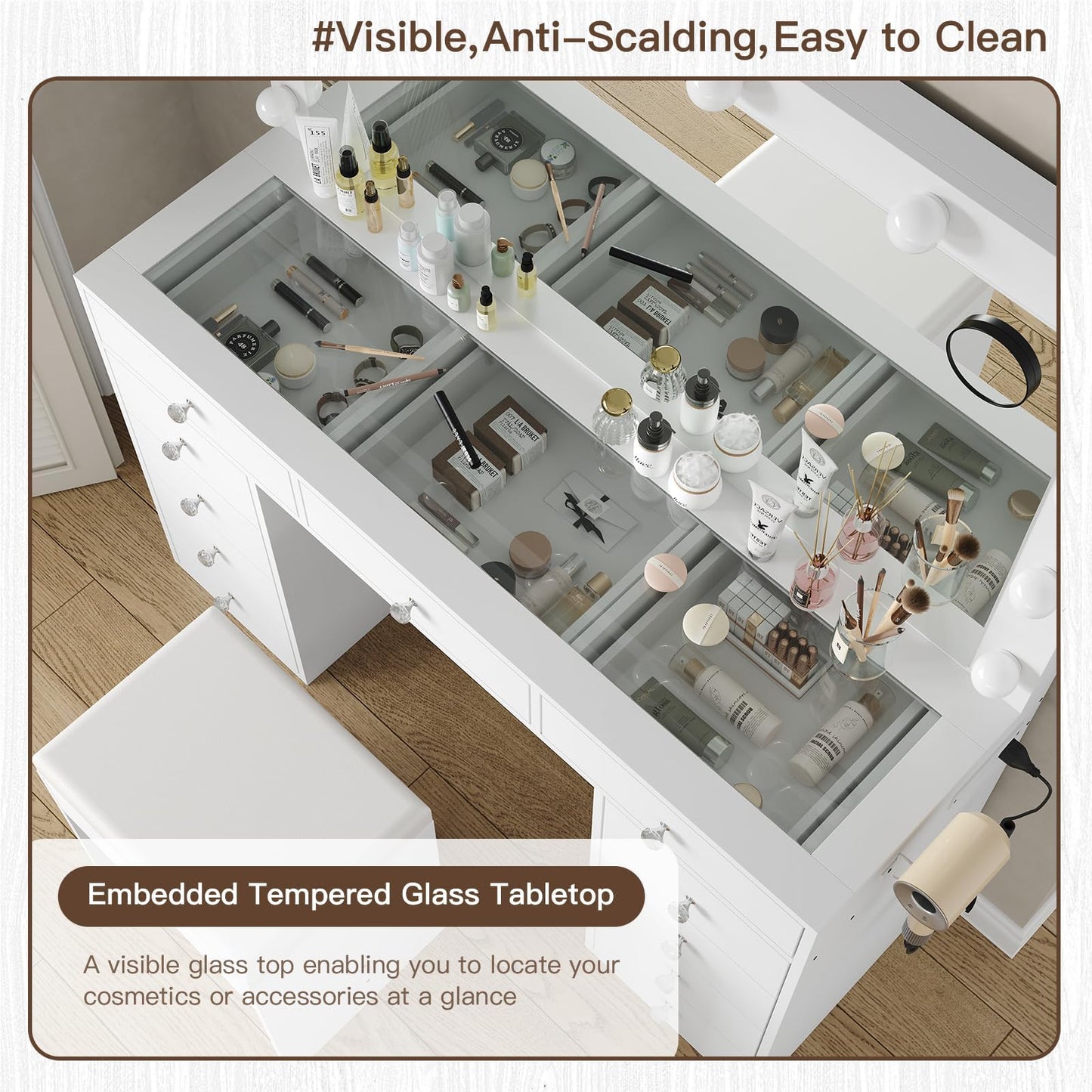 11-Drawer LED Mirror Vanity Desk - Yanosaku