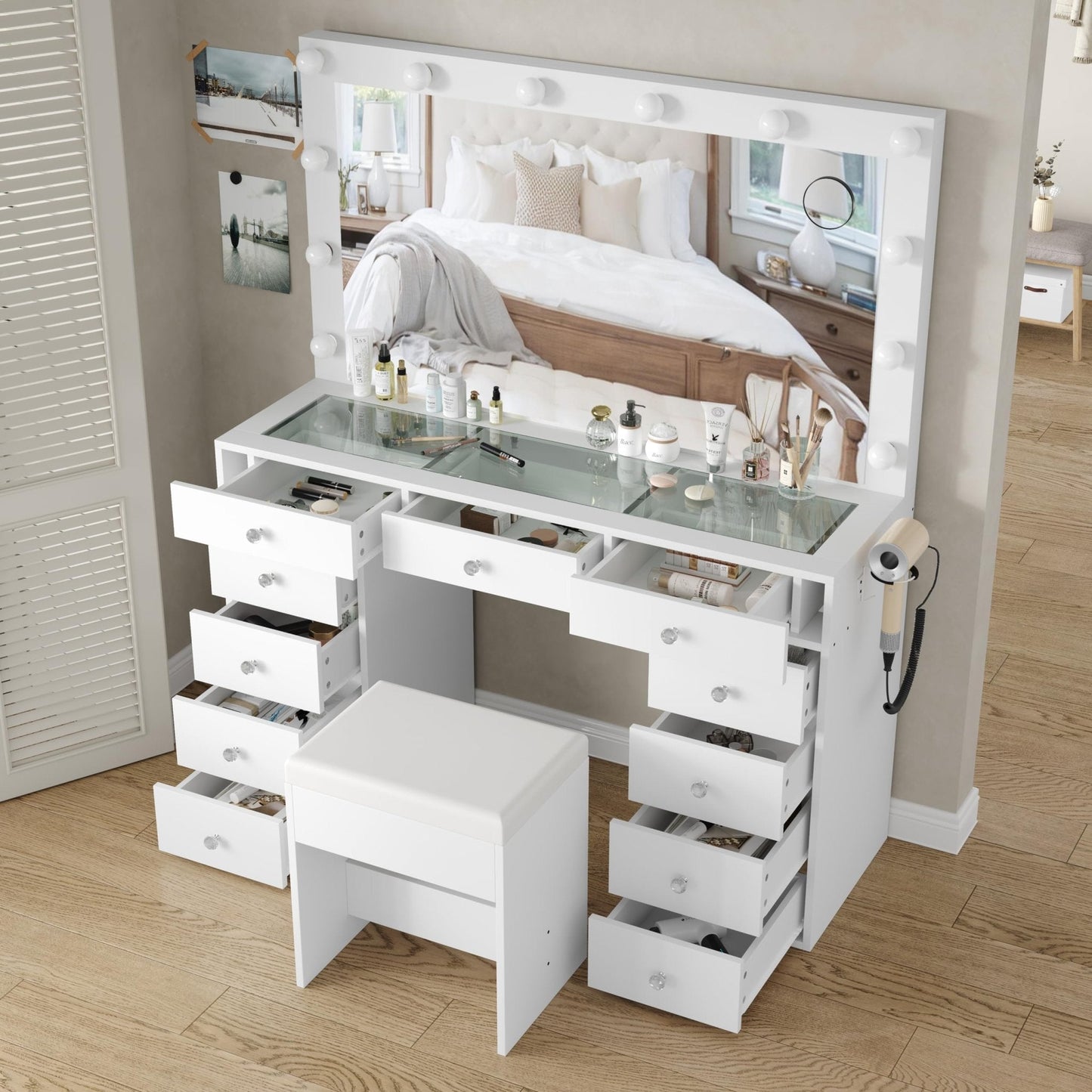 11-Drawer LED Mirror Vanity Desk - Yanosaku