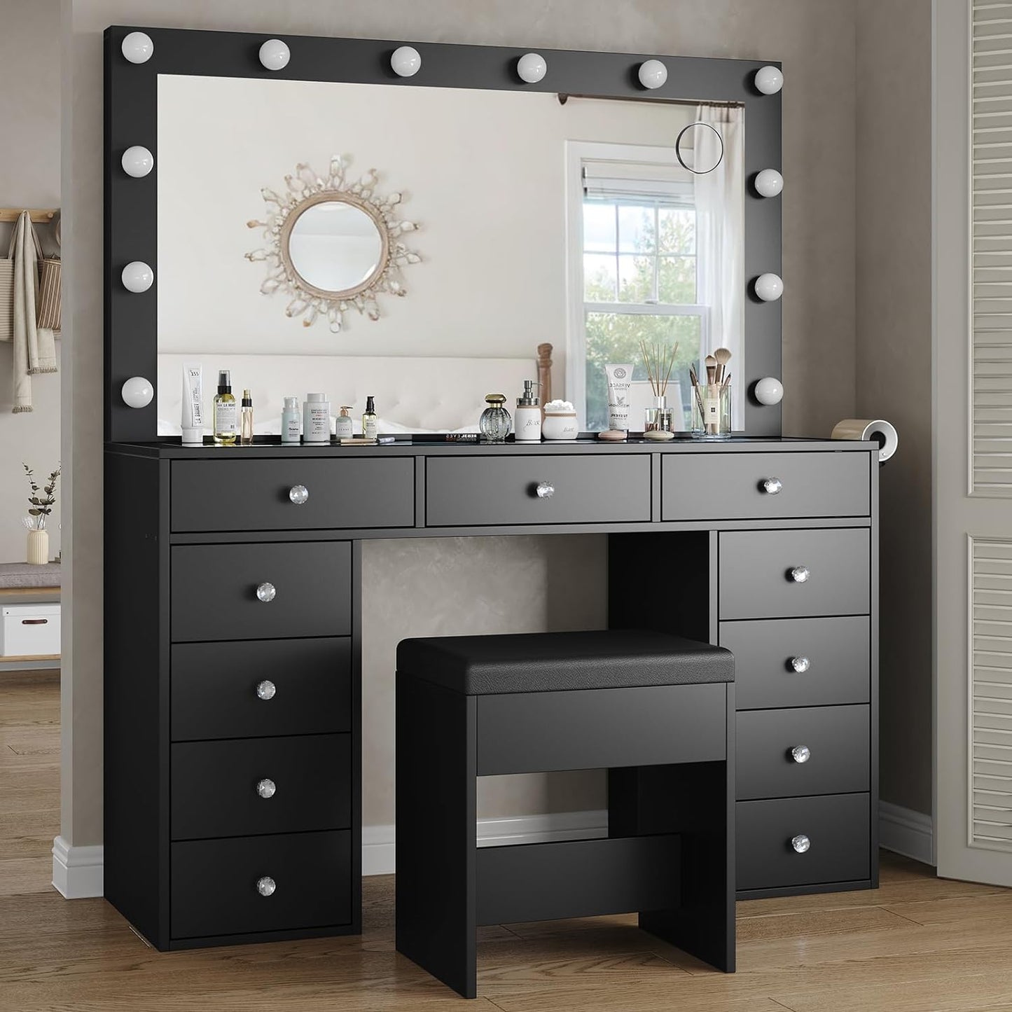 11-Drawer LED Mirror Vanity Desk - Yanosaku