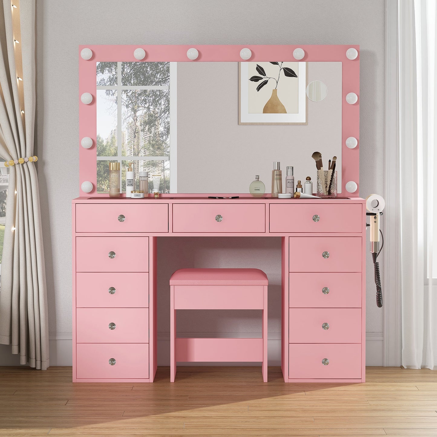 11-Drawer LED Mirror Vanity Desk - Yanosaku