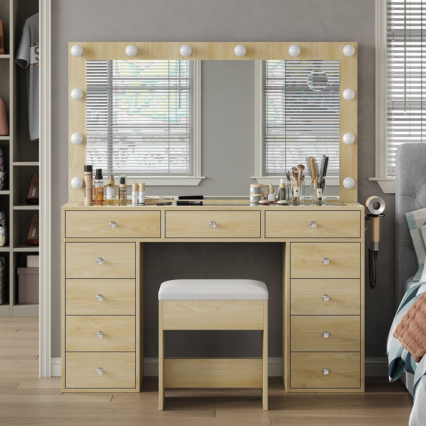 11-Drawer LED Mirror Vanity Desk - Yanosaku