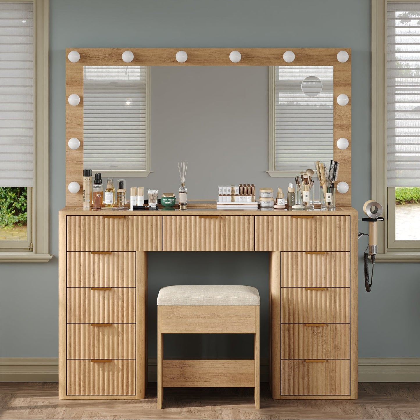 11-Drawer LED Mirror Vanity Desk - Yanosaku