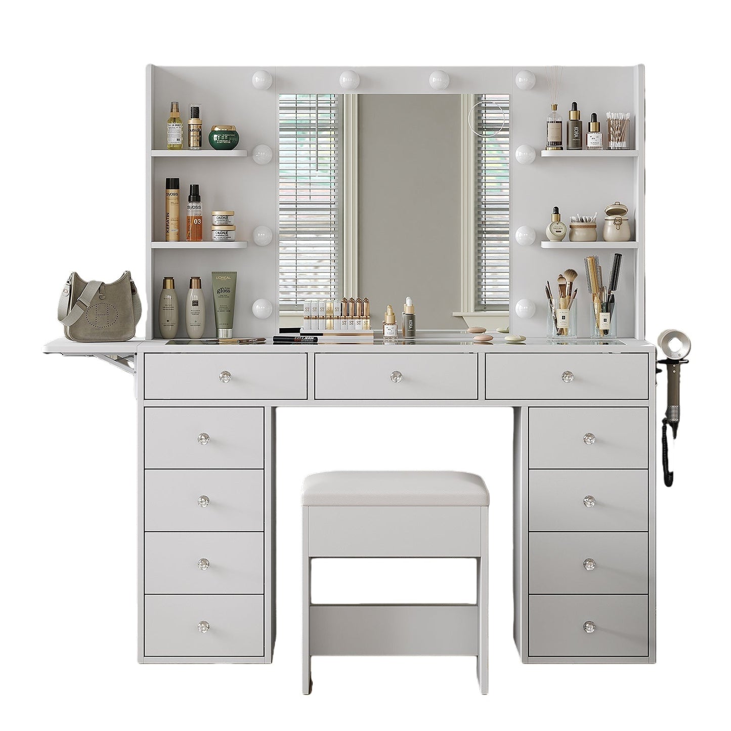 11-Drawer LED Mirror Vanity Desk - Yanosaku