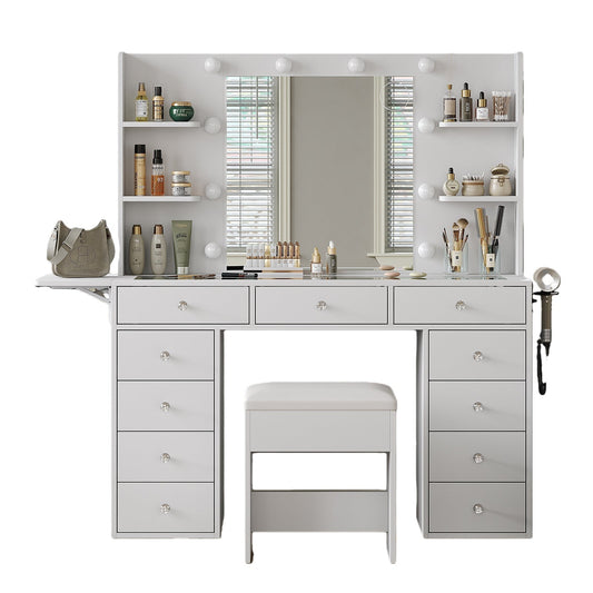 11-Drawer LED Mirror Vanity Desk - Yanosaku