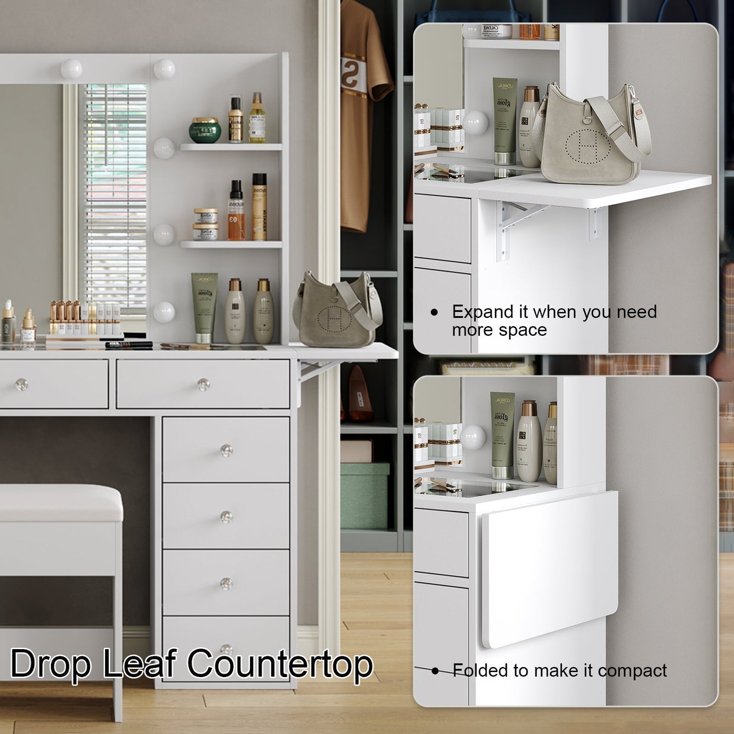 11-Drawer LED Mirror Vanity Desk - Yanosaku