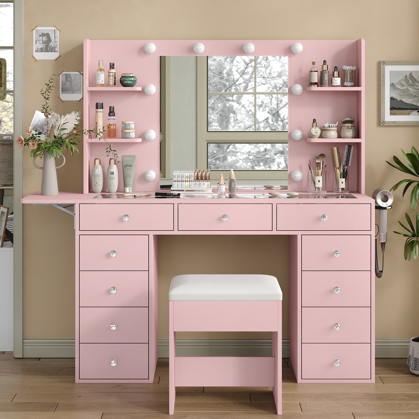 11-Drawer LED Mirror Vanity Desk - Yanosaku
