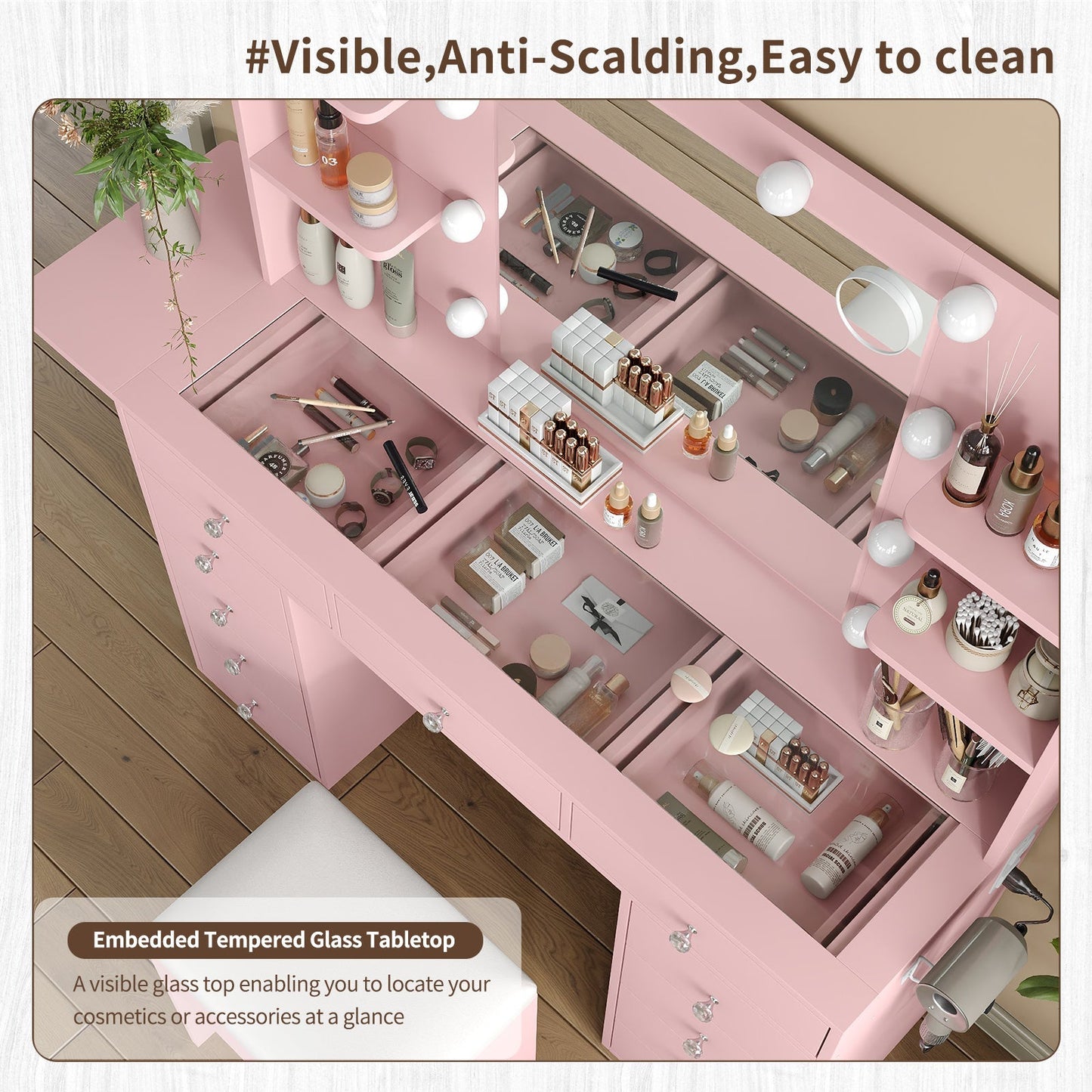 11-Drawer LED Mirror Vanity Desk - Yanosaku