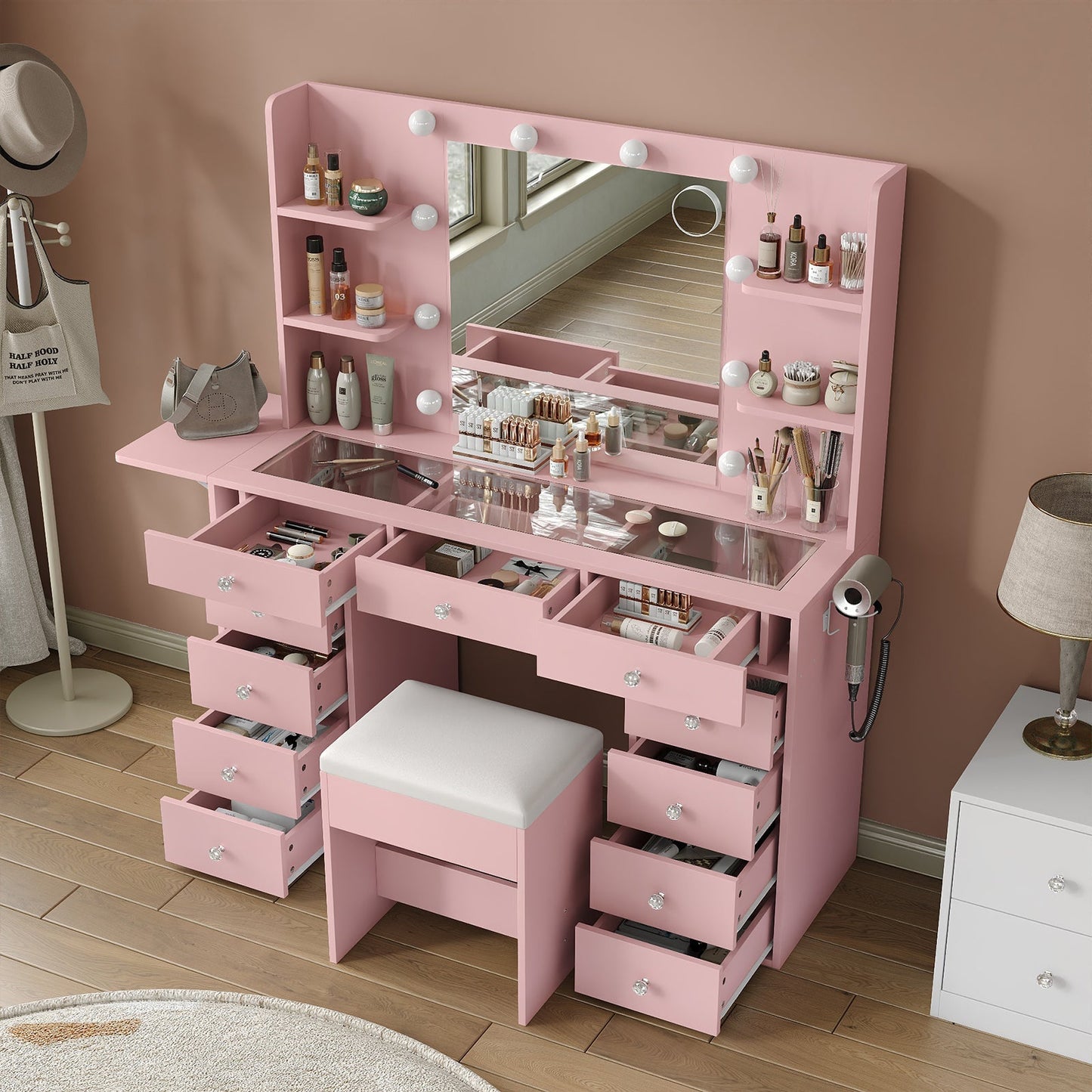 11-Drawer LED Mirror Vanity Desk - Yanosaku