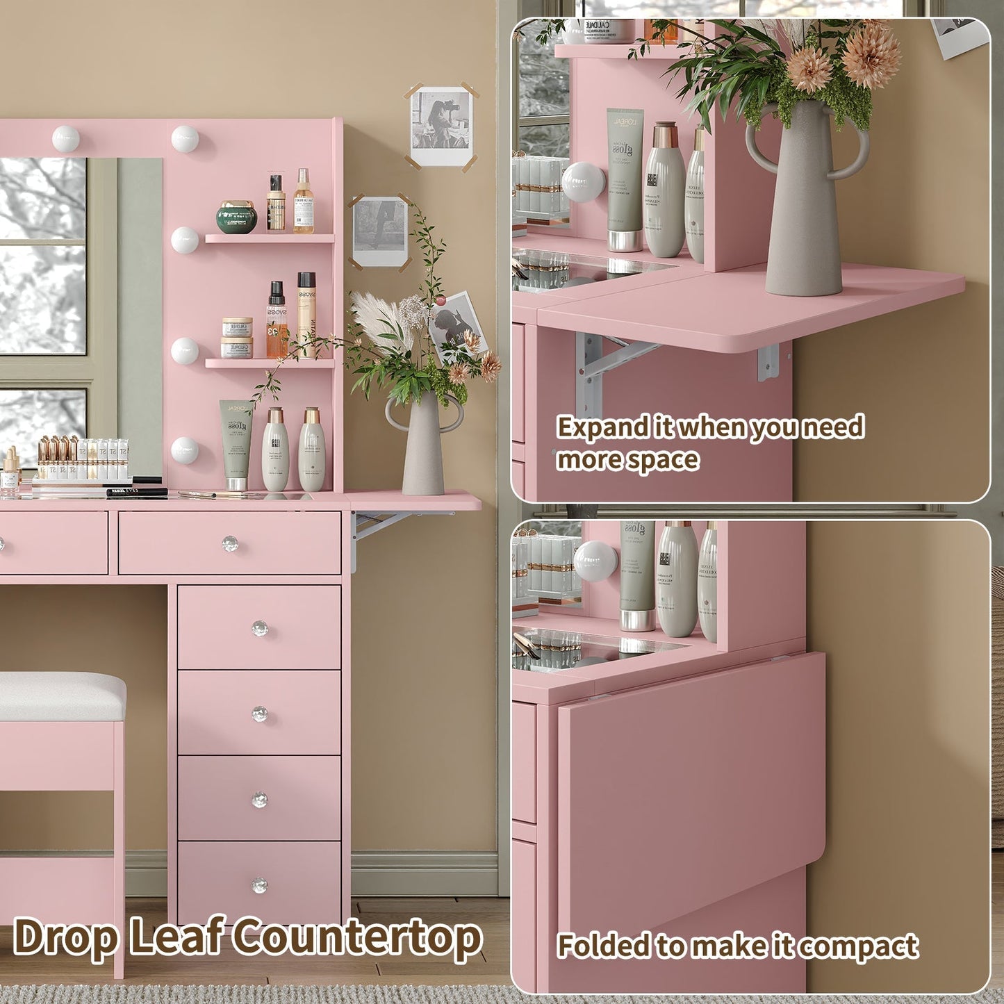 11-Drawer LED Mirror Vanity Desk - Yanosaku