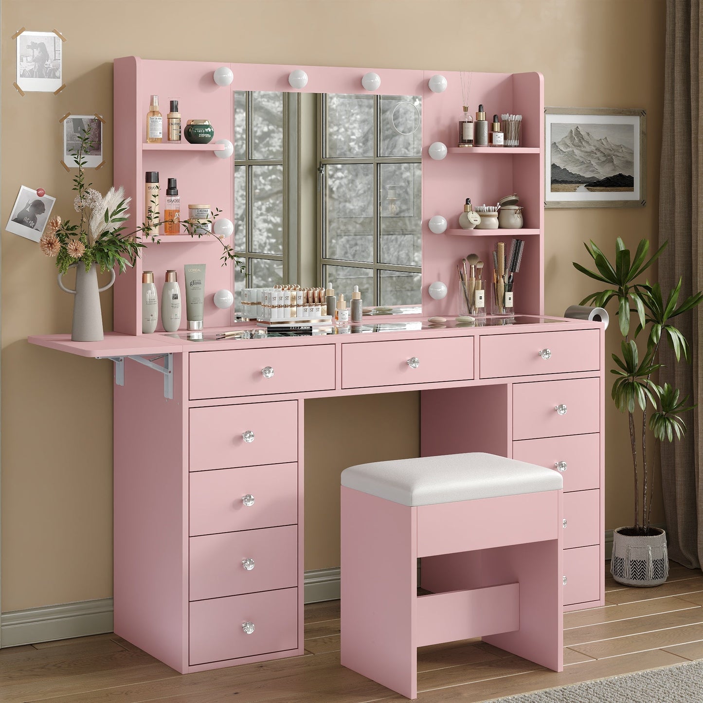 11-Drawer LED Mirror Vanity Desk - Yanosaku