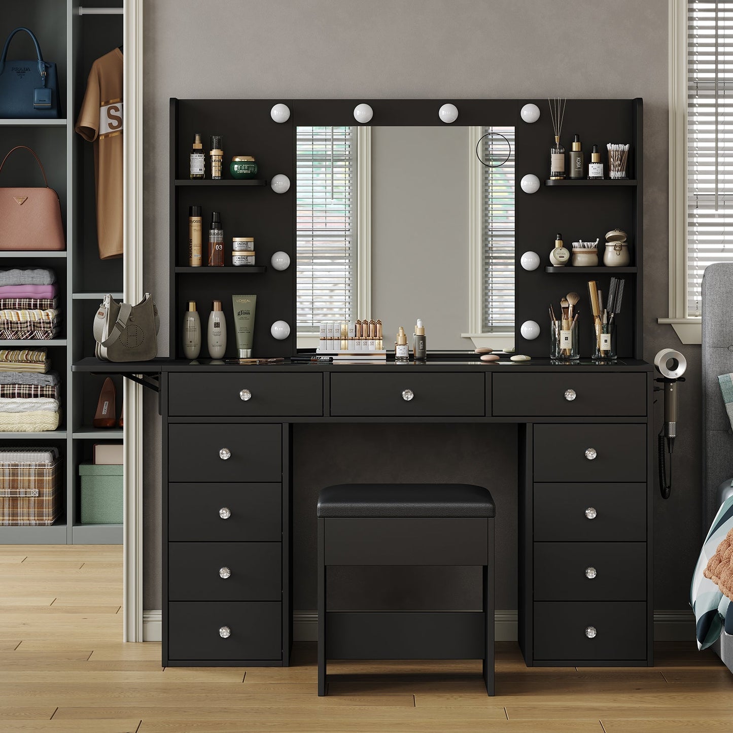 11-Drawer LED Mirror Vanity Desk - Yanosaku