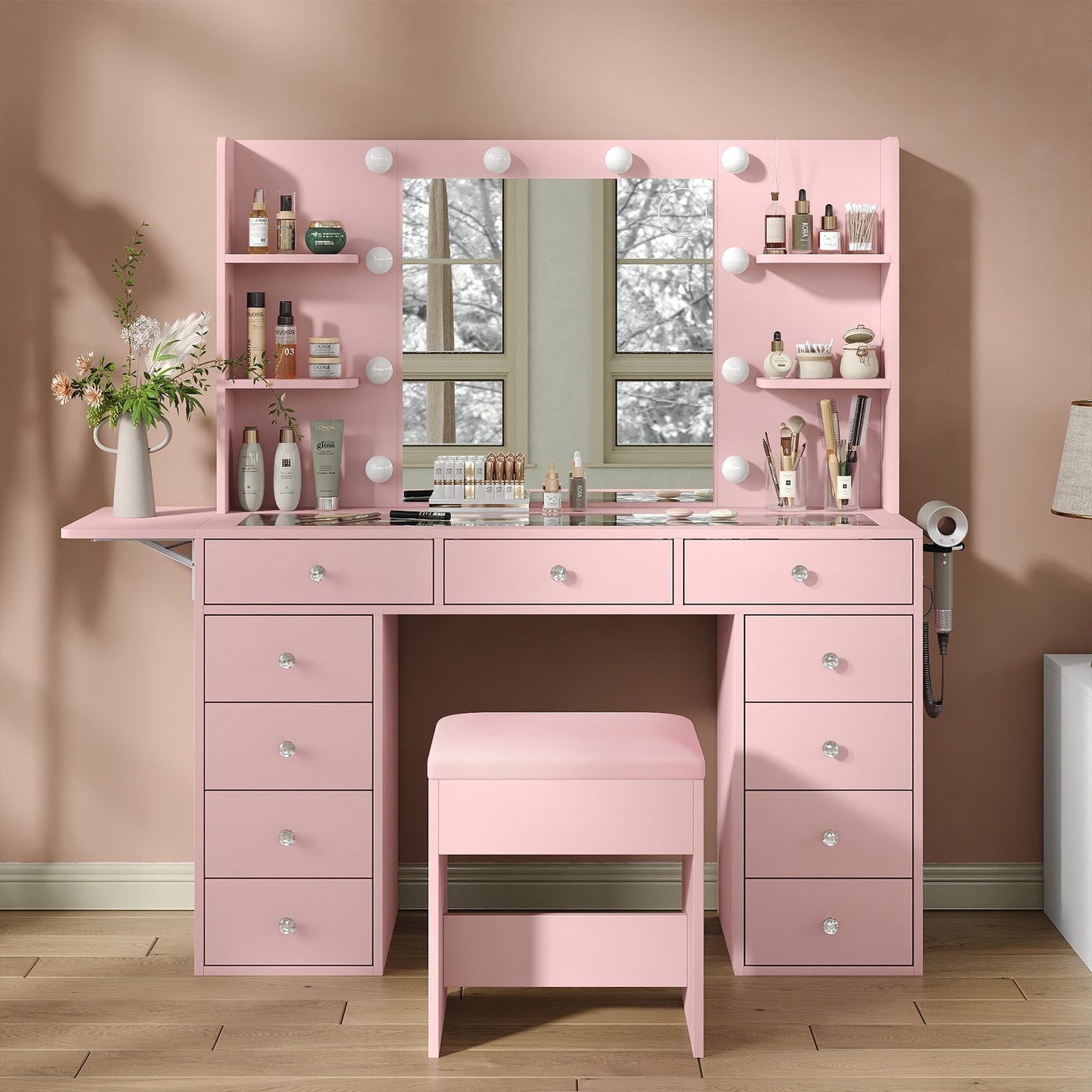 11-Drawer LED Mirror Vanity Desk - Yanosaku