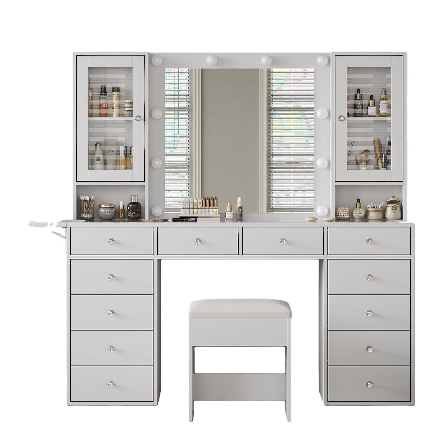 12-Drawer LED Mirror Vanity Desk - Yanosaku