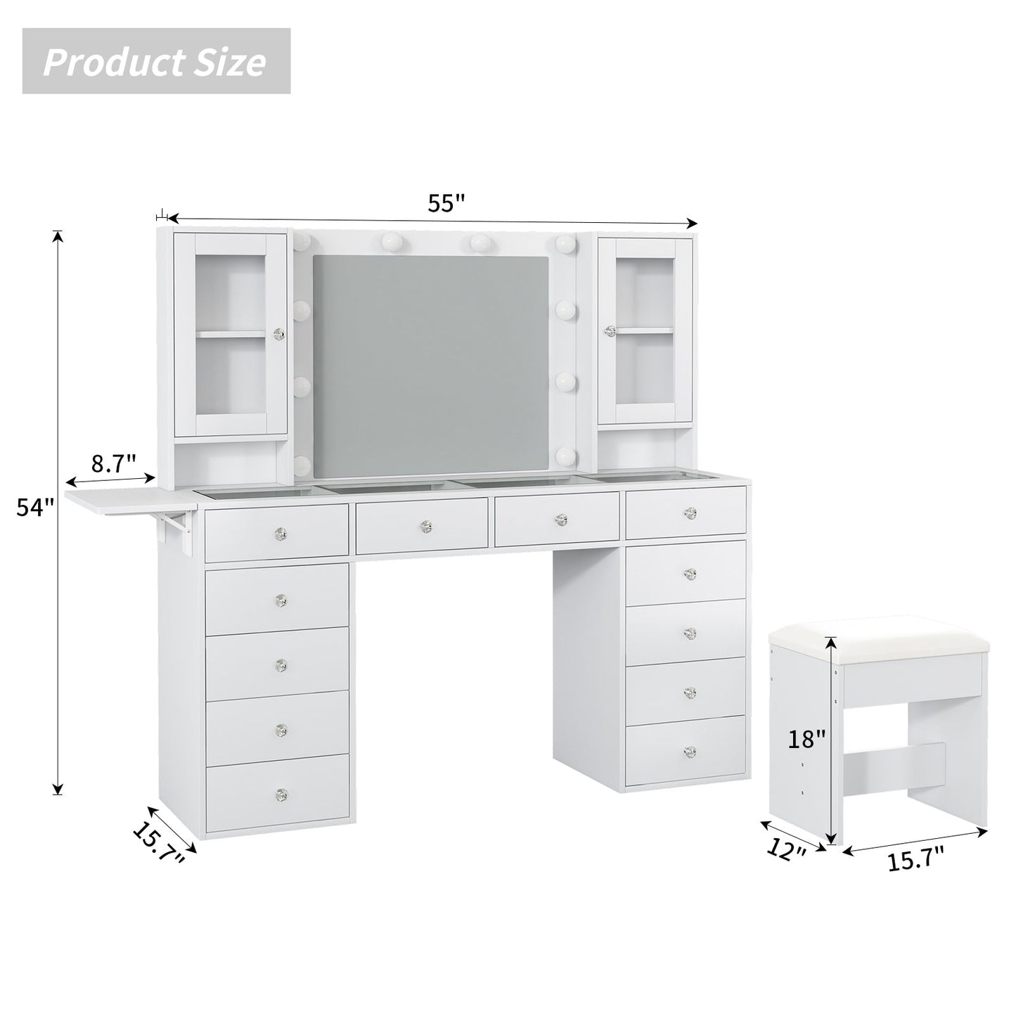12-Drawer LED Mirror Vanity Desk - Yanosaku