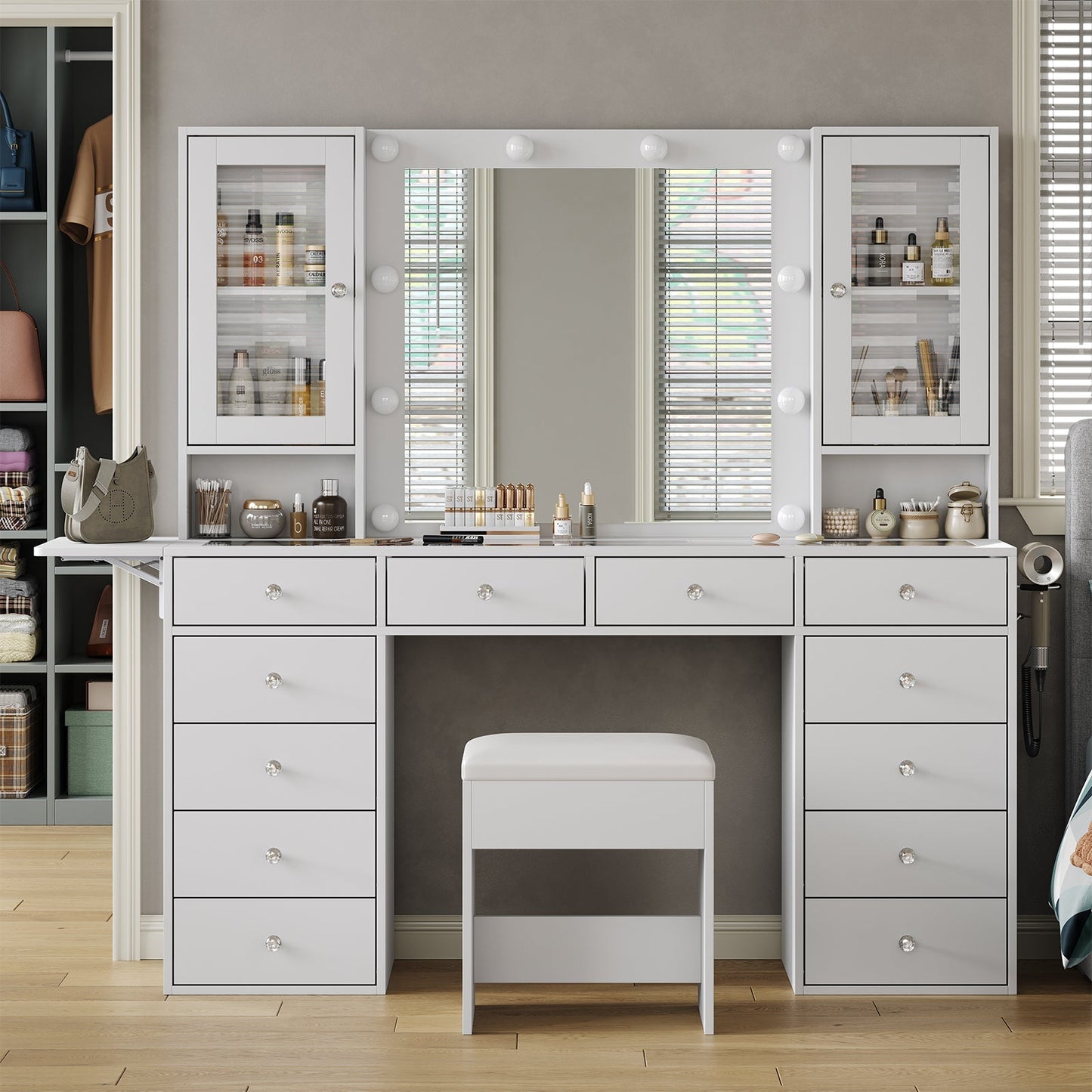 12-Drawer LED Mirror Vanity Desk - Yanosaku