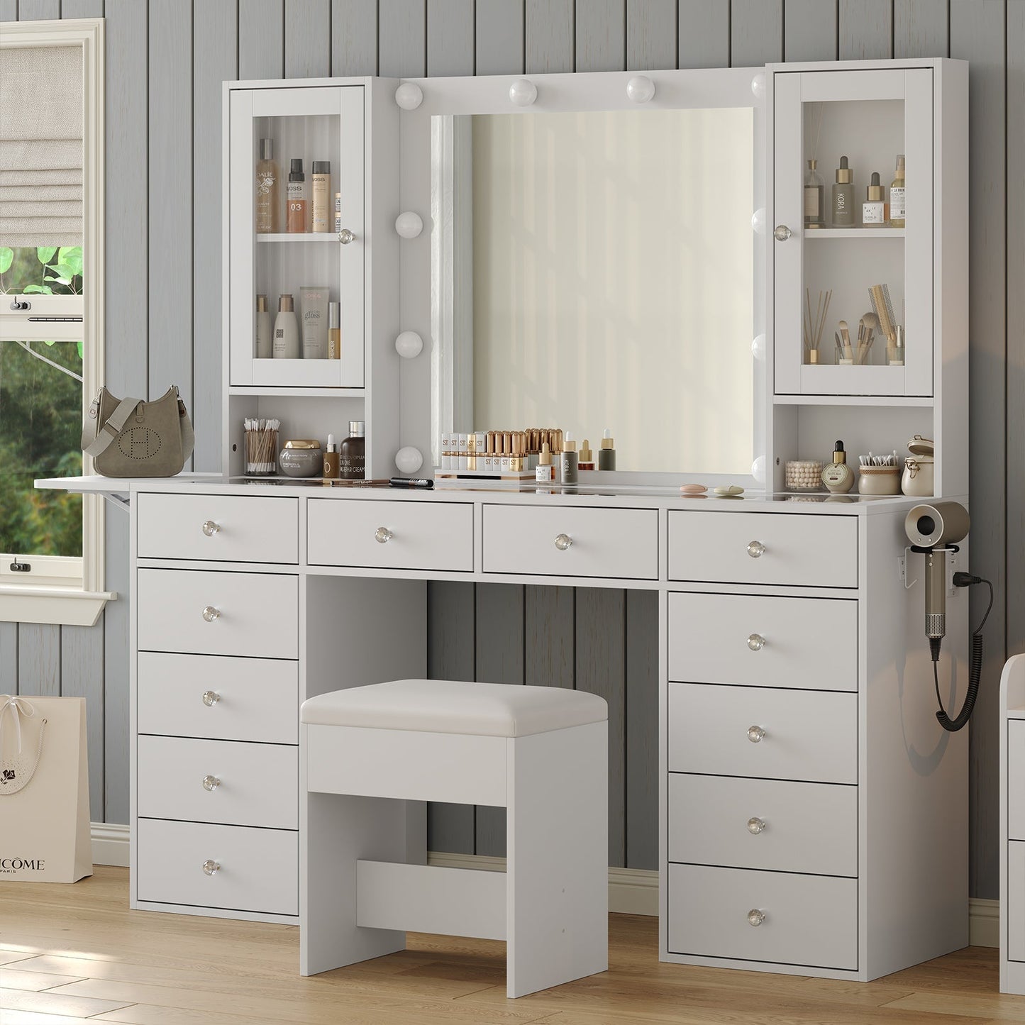 12-Drawer LED Mirror Vanity Desk - Yanosaku