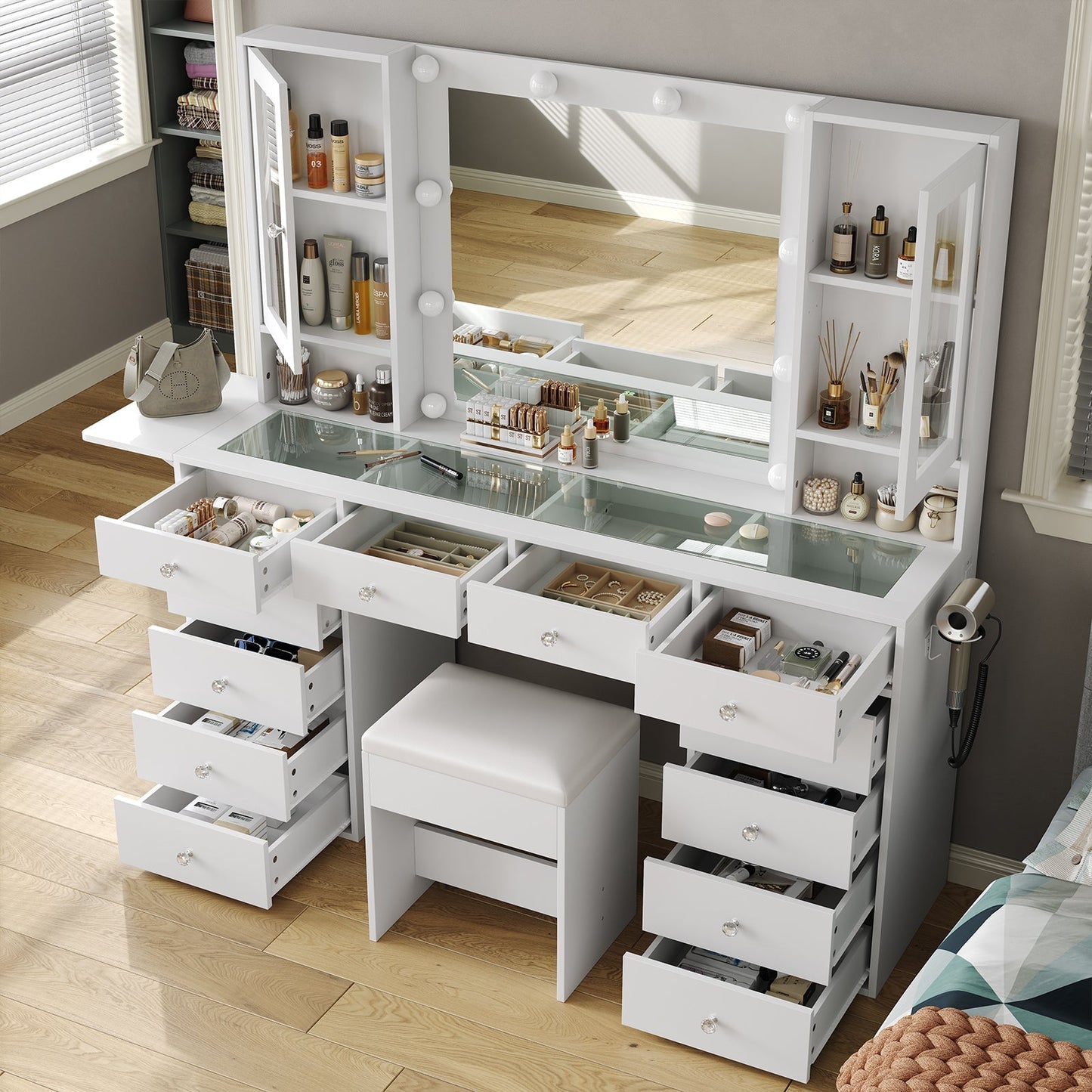 12-Drawer LED Mirror Vanity Desk - Yanosaku