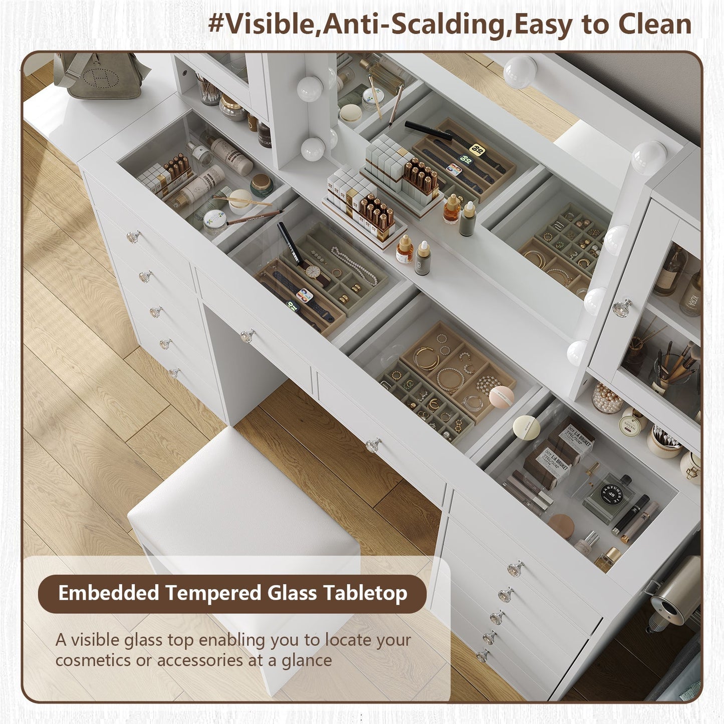 12-Drawer LED Mirror Vanity Desk - Yanosaku