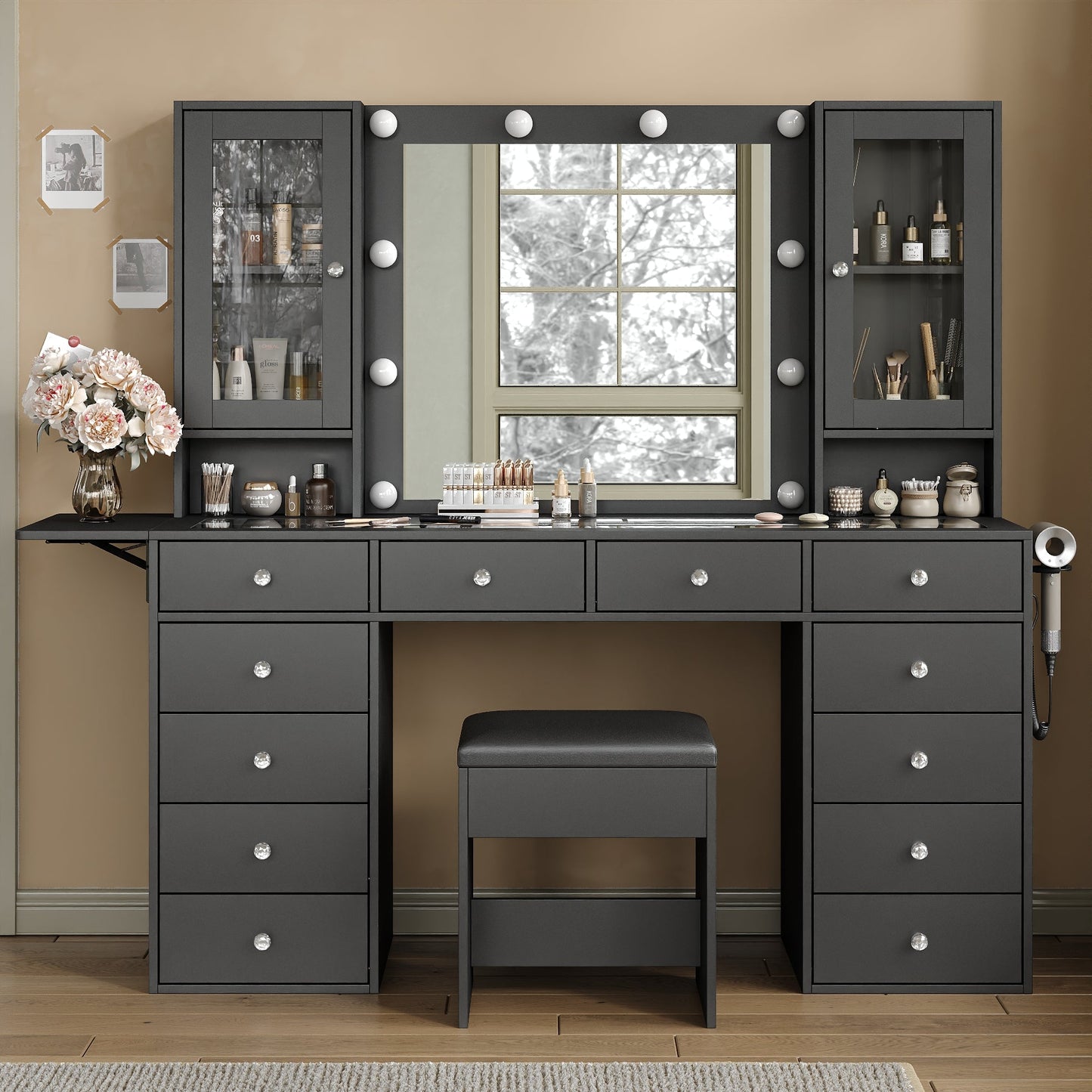 12-Drawer LED Mirror Vanity Desk - Yanosaku