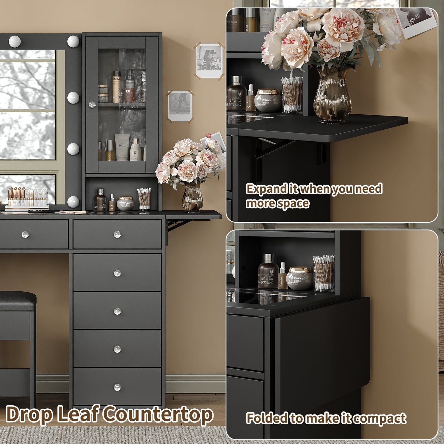 12-Drawer LED Mirror Vanity Desk - Yanosaku