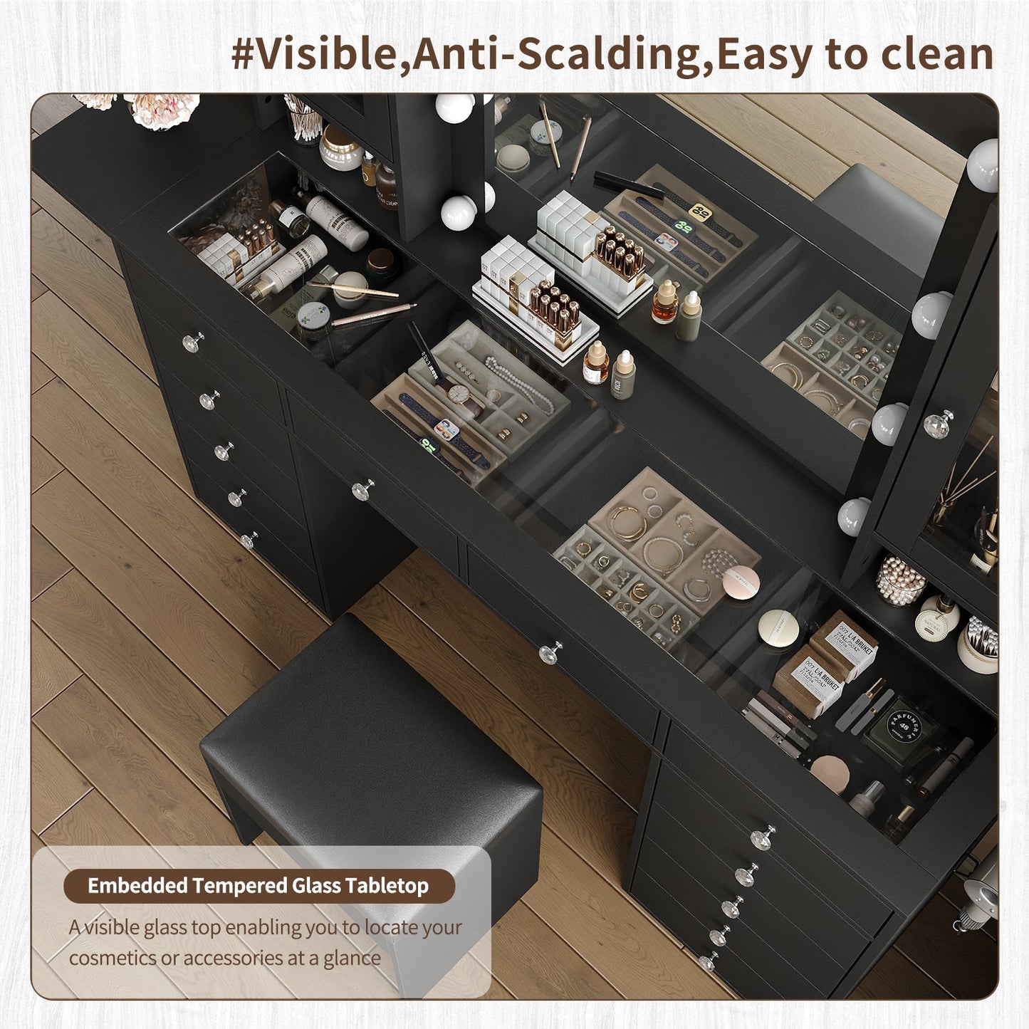 12-Drawer LED Mirror Vanity Desk - Yanosaku