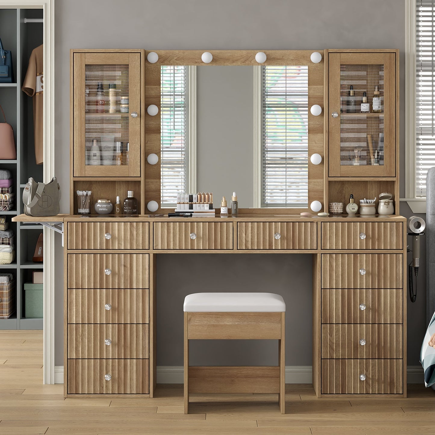 12-Drawer LED Mirror Vanity Desk - Yanosaku