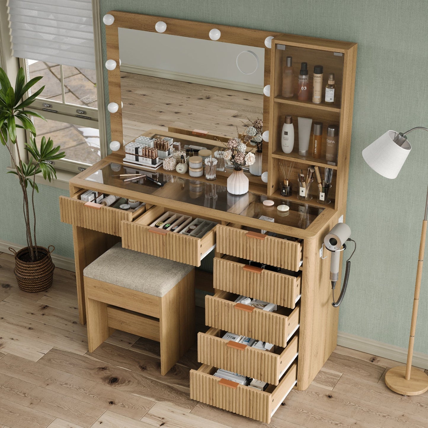 7-Drawer LED Mirror Vanity Desk - Yanosaku