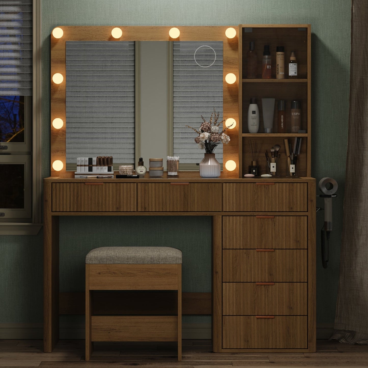 7-Drawer LED Mirror Vanity Desk - Yanosaku