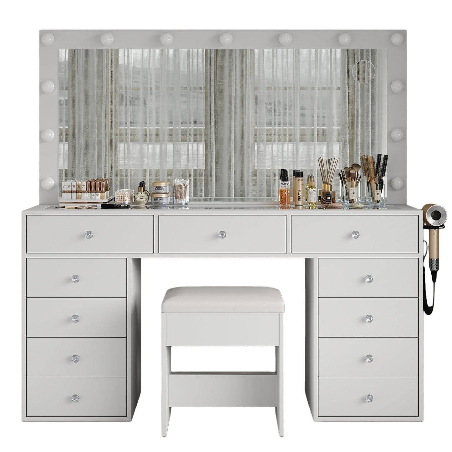 11-Drawer LED Mirror Vanity Desk - Yanosaku